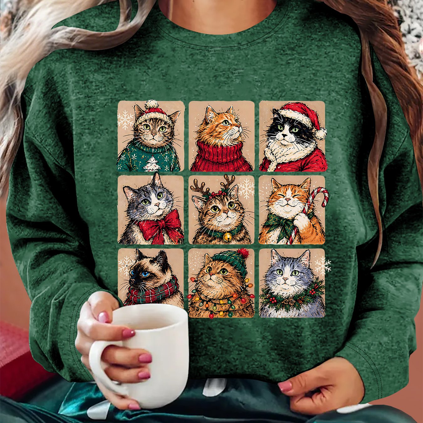 TEMU Women's Retro Nine-square Cat Christmas T-shirt - Loose Fit Long Sleeve -compatible Top Suitable For Holiday Parties, Cozy Homewear & Gift