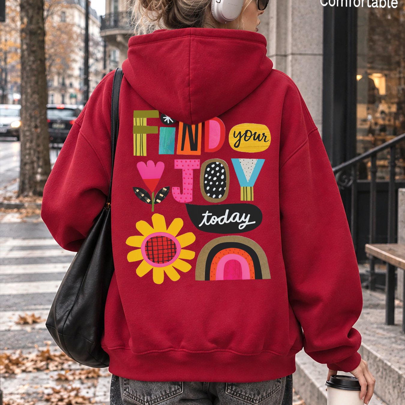 Image of Autumn Women's Fashionable Loose Drop-shoulder Hoodie With Colorful Letter, Flower & Rainbow Prints Back, Casual Pocket Drawstring Pullover Jacket For Fall Wear