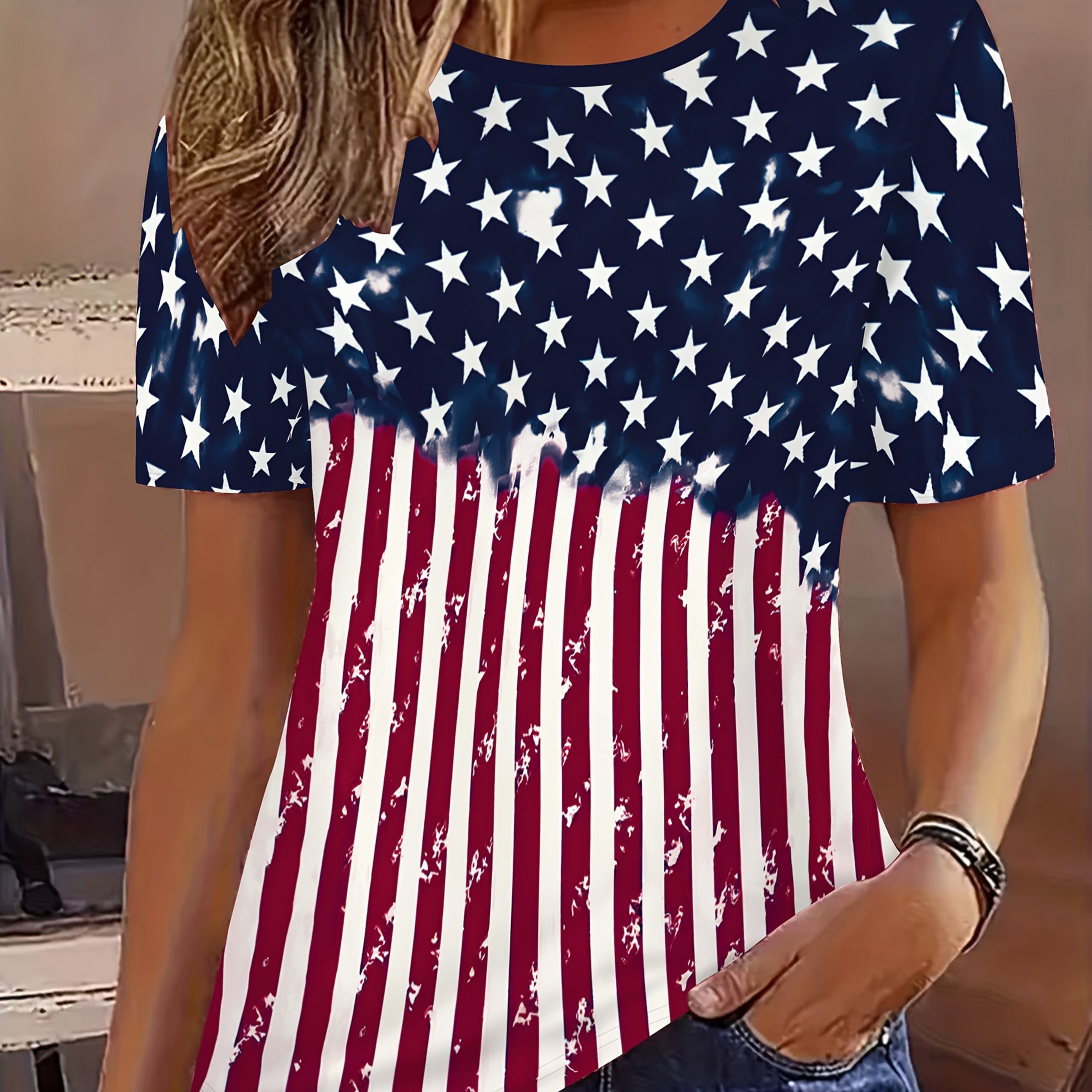 Women's Round-neck Short-sleeve Printed Fashion T-shirt, Featuring An American For Day, Elegant For