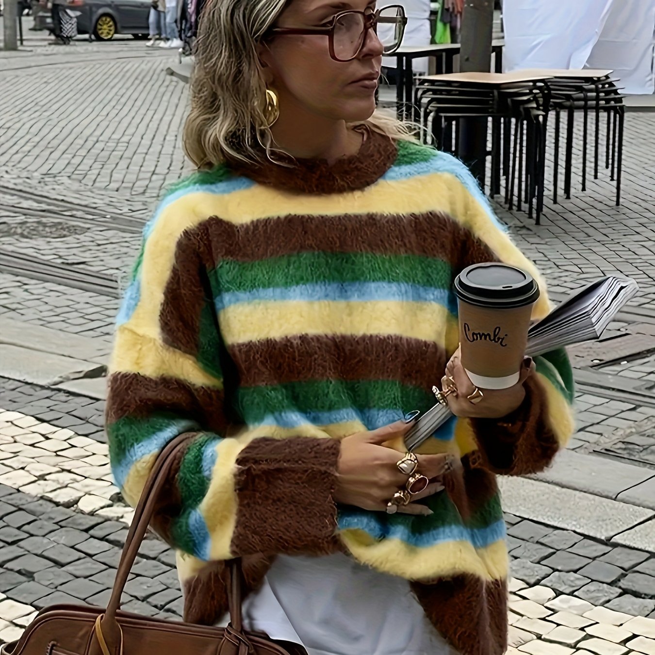 E-shop Damen Herbst Winter Mode Pendeln Temperament Gestreift Rundhalsausschnitt Lazy Style Langarm Pullover - Niannian