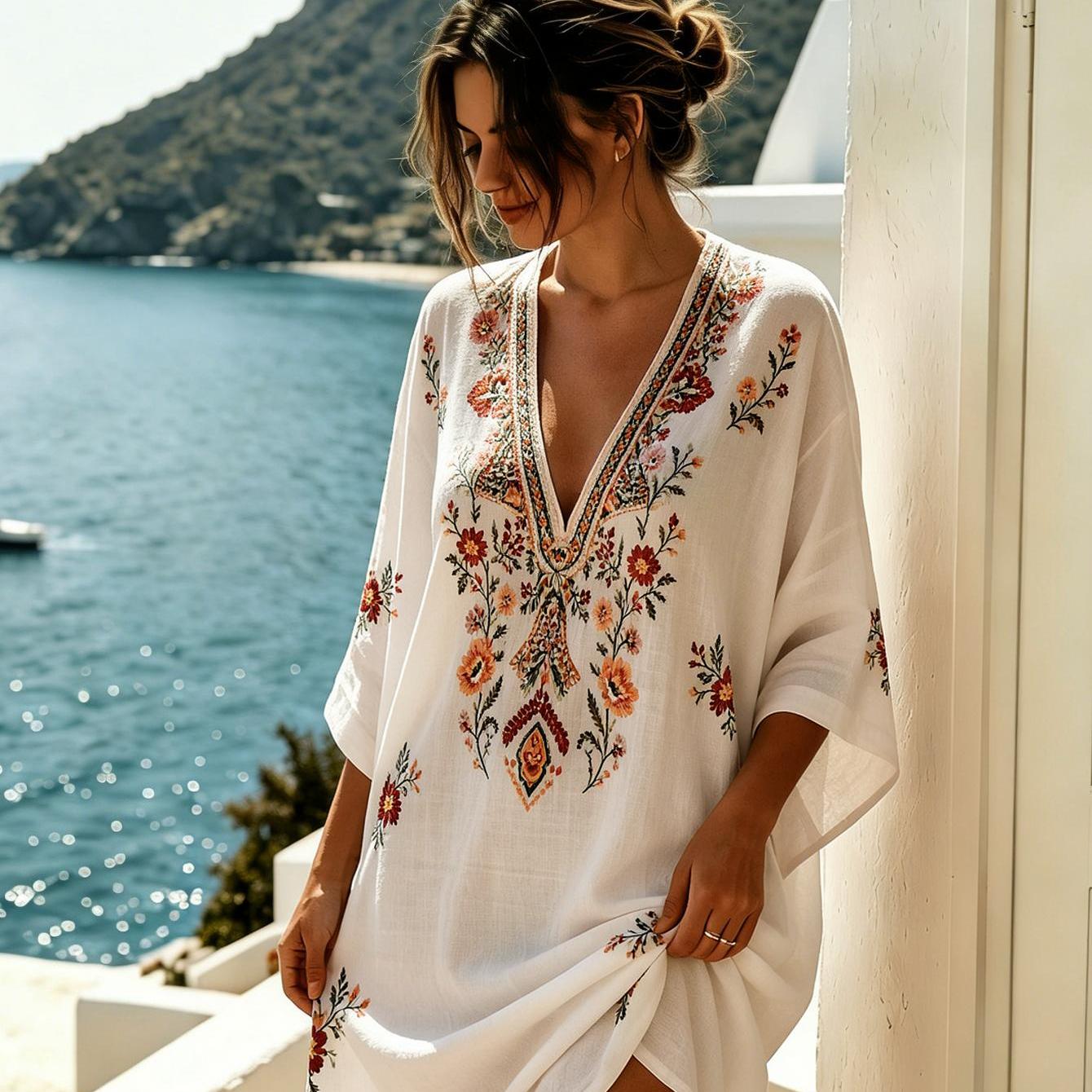 Image of New Women's Dress Women's Summer Clothing Floral Folk Ethnic Prints Elegant Women's Dress Women's Summer Dress Fiber Machine Washable Style Suitable For Everyday Wear 2d Flat Print