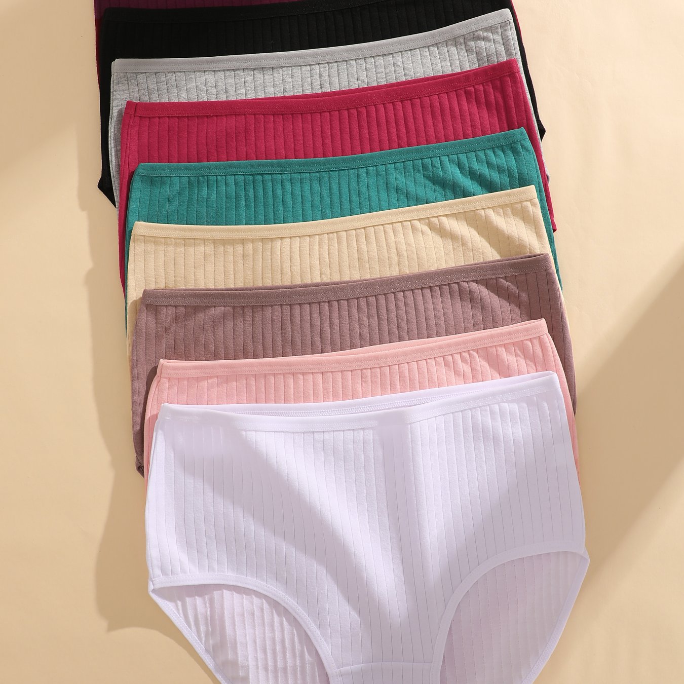 TEMU 9-pack Women's Ribbed Underwear, Soft Breathable Mid-rise Briefs