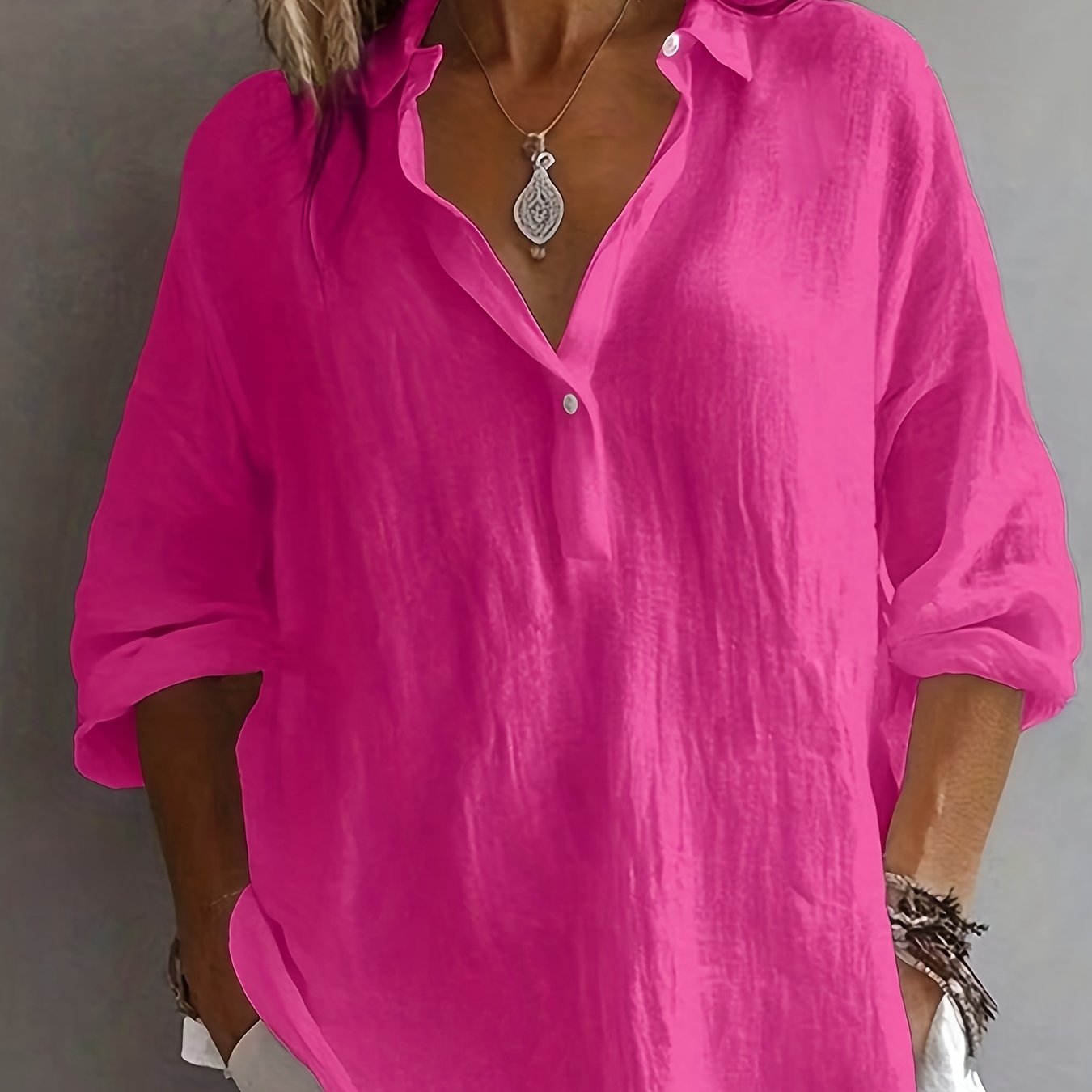 TEMU Plus Size, New Stunningly Elegant Versatile Plus-size Women's Shirt With Semi-open Collar And Long Sleeves