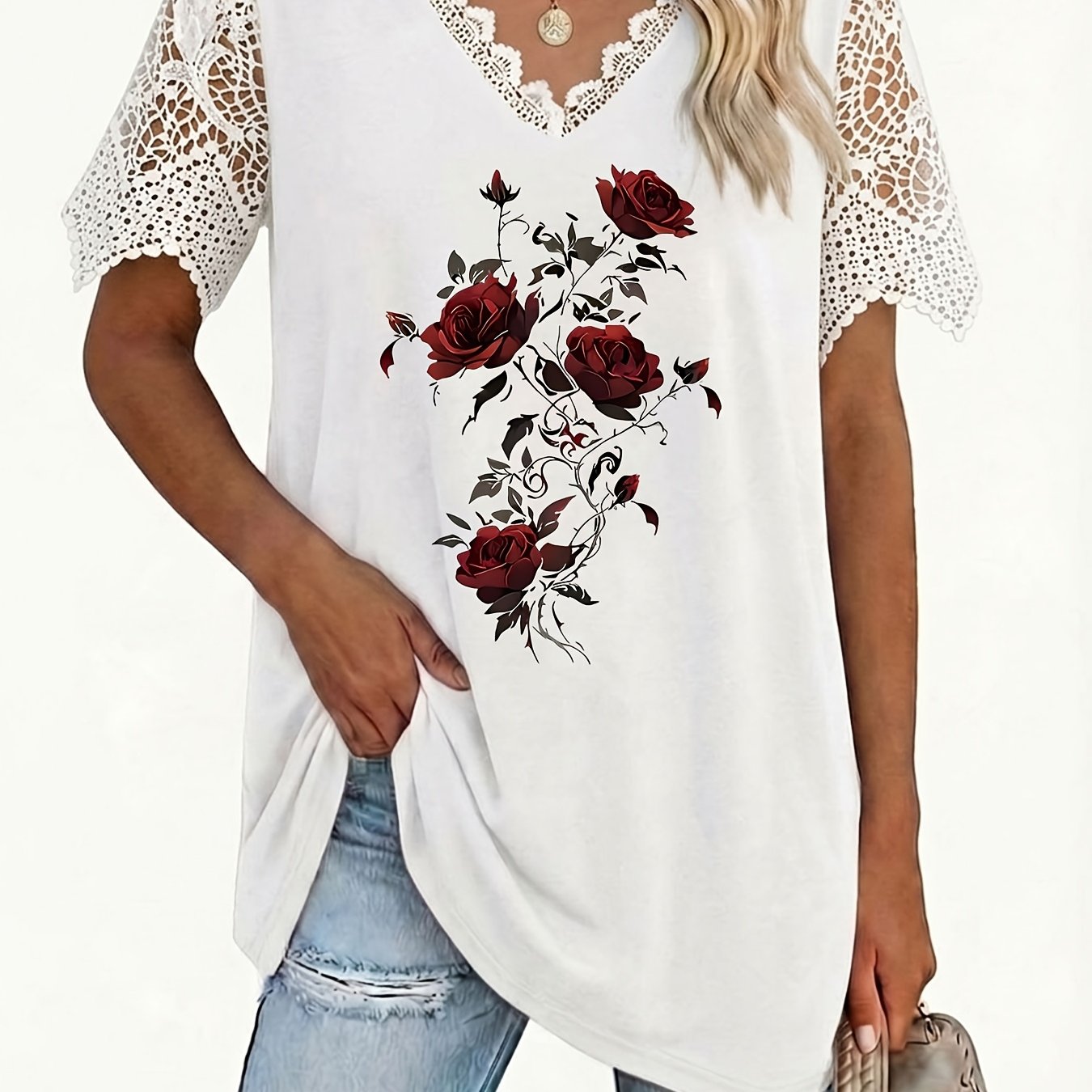 TEMU Plus Size - Plus Size - Plus Size Lace Trim Women's Summer V-neck T-shirt, Covers Belly And Looks Thin, Top