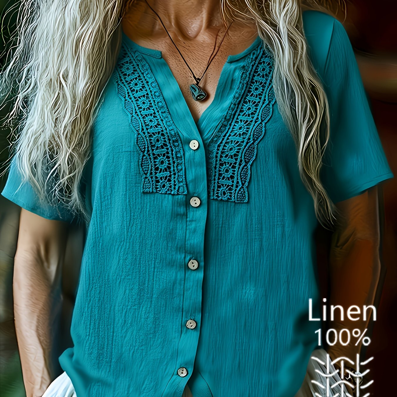 E-shop Damen Freizeit-Leinenhemd im Wald-Stil mit kurzen Ärmeln, lockere Vintage-Bluse mit V-Ausschnitt, Spitzenbesatz Knopfleiste, böhmisches