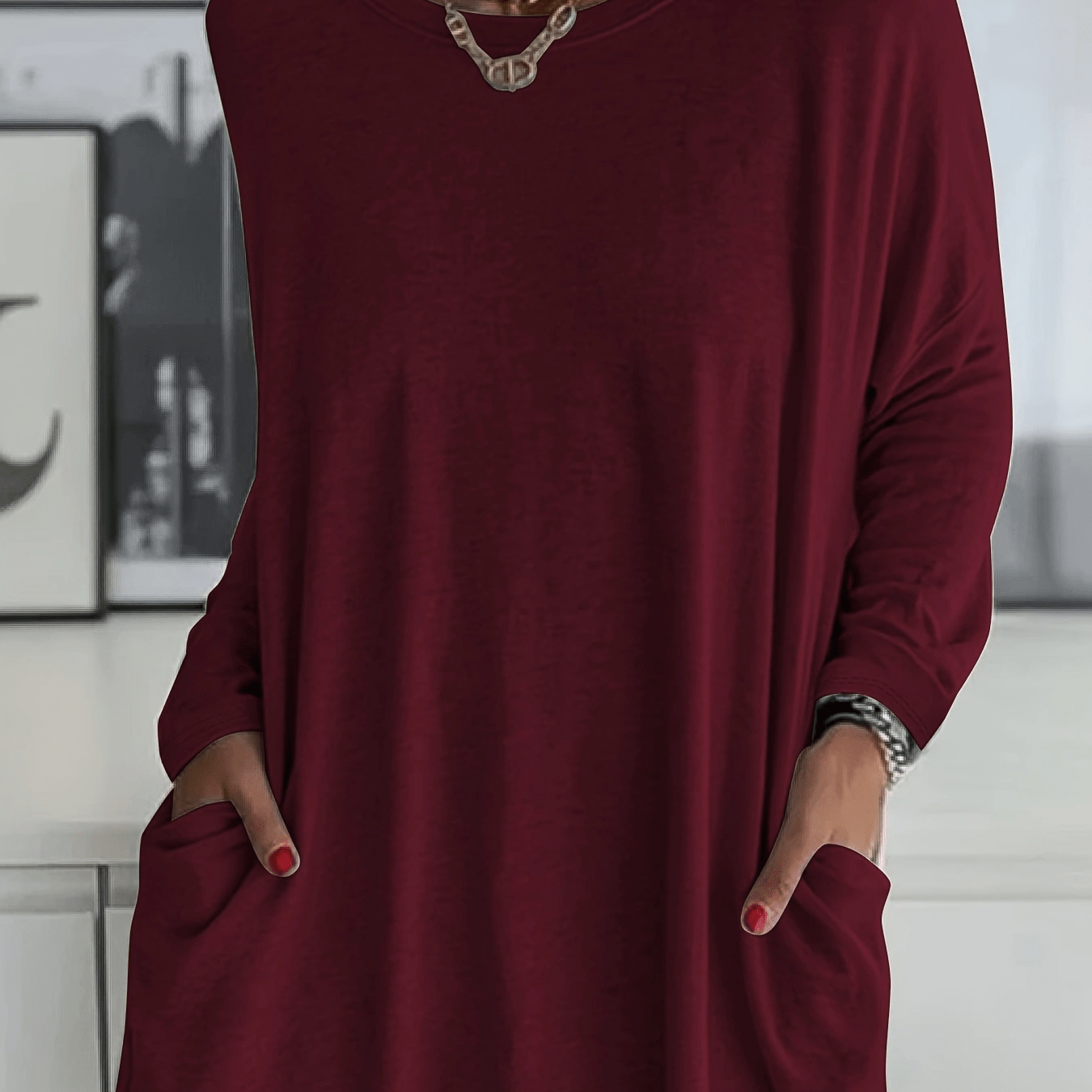TEMU Plus Size, Plus Size Round Neck Long Sleeve Loose Fit Solid Color T-shirt Casual Women's Wear