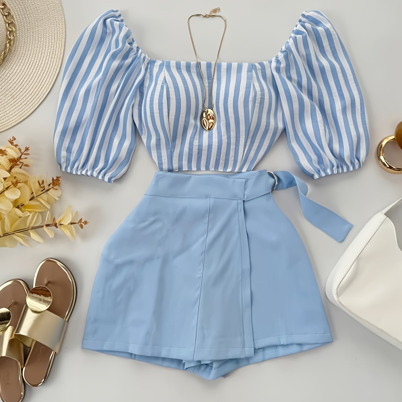 TEMU Summer New Women's Elegant Fashion Striped Top And Shorts 2pcs Set