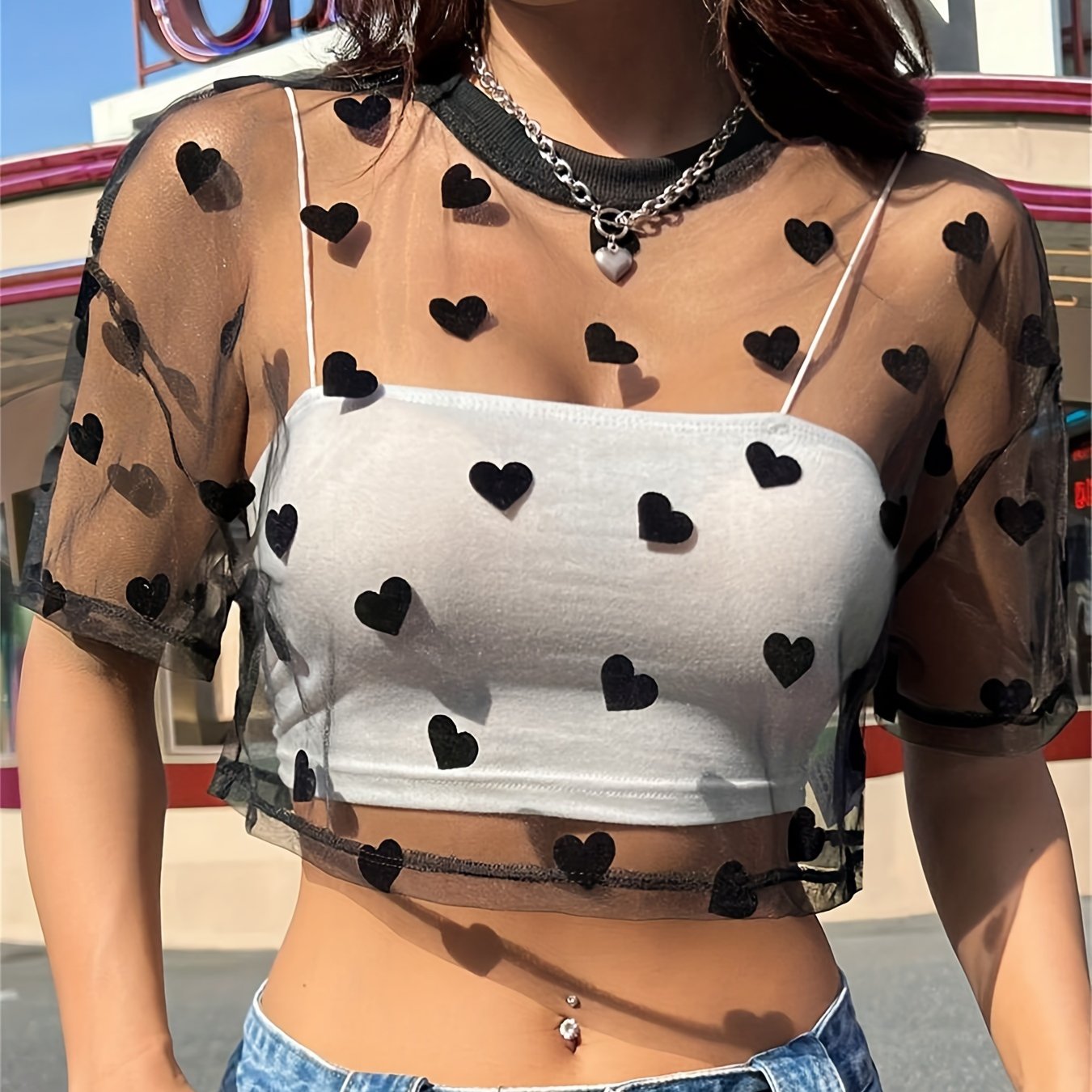 Image of Valentine's Day Heart-shaped Mesh Crop Top, Bandeau Top, Summer And Spring Sexy Casual Top, Women's