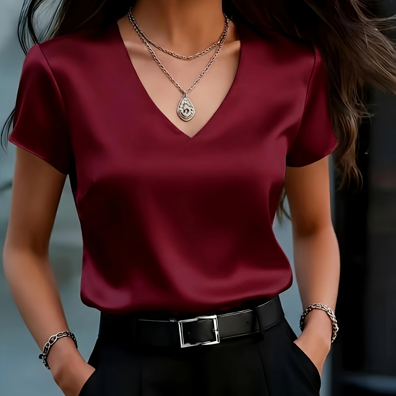 TEMU Women's Elegant Temperament Fashion Short Sleeve V-neck Shirt, Summer Beautiful Women's Shirt, Short Sleeve T-shirt, Light Luxury Commuter Style