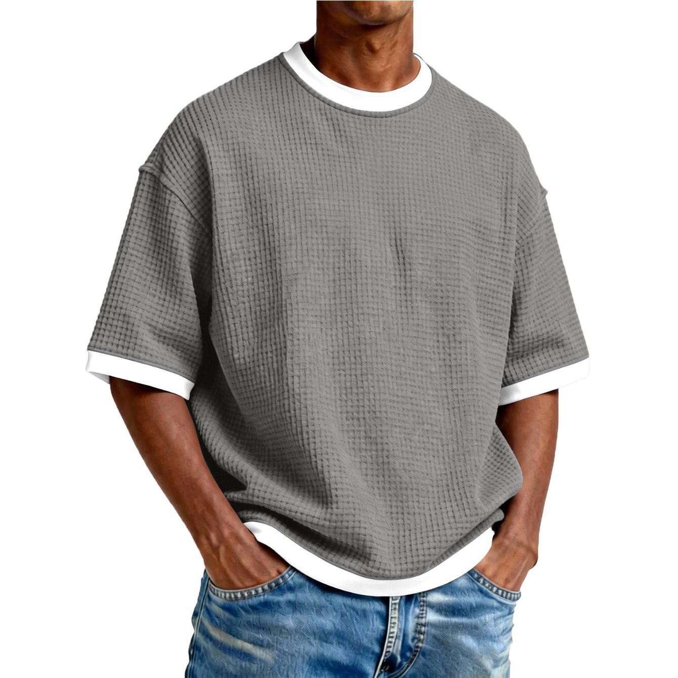 Image of Men's Waffle Knit T-shirt - Loose Fit Hollow Out Short Sleeve Round Neck, Waffle Texture Color-blocking Suitable For - Casual Wear, Machine Washable Basic Wardrobe Staple (size Chart Reference)