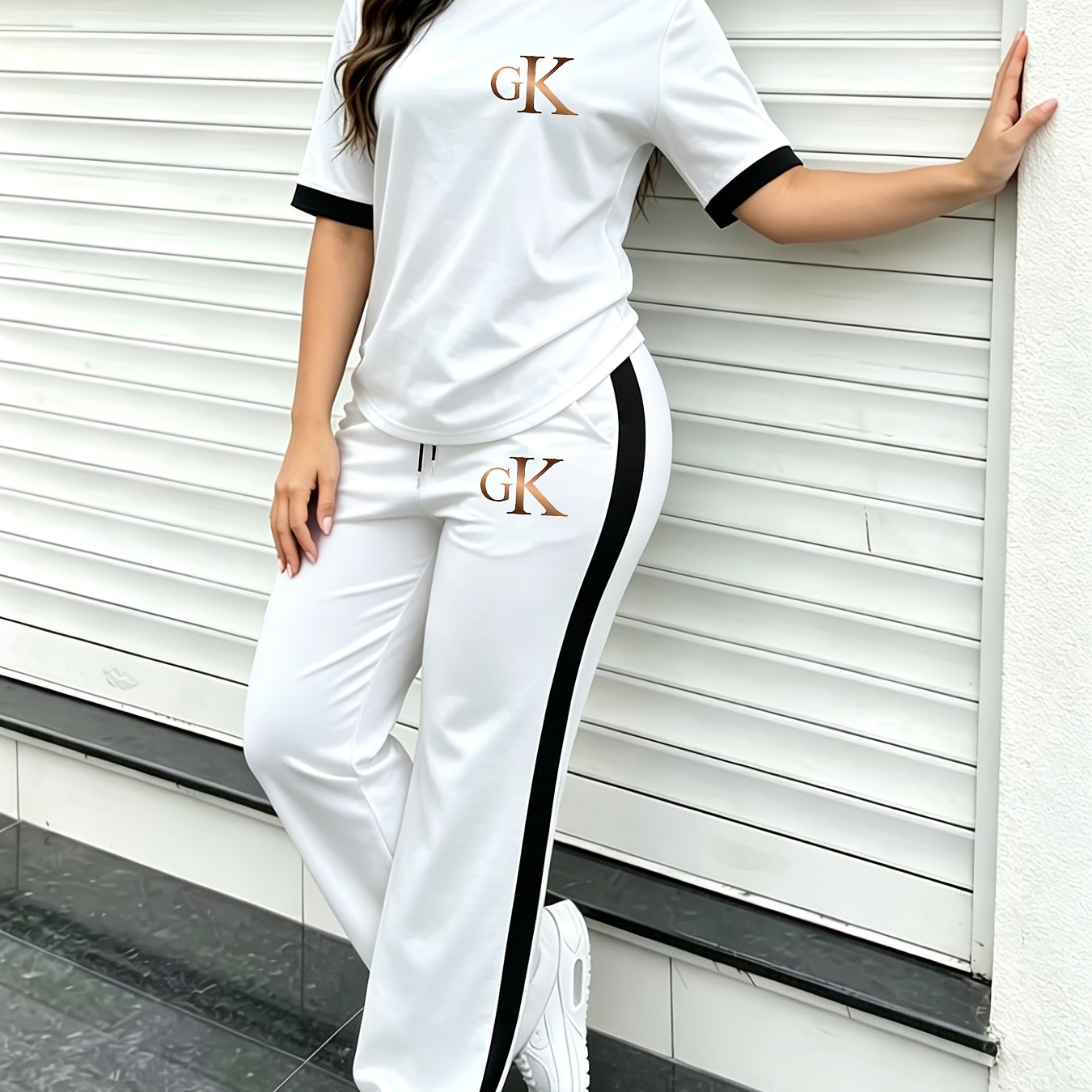 TEMU Gk Women's Contrast Trim Two-piece Loose T-shirt And Wide-leg Pants Casual Retro Relaxed Comfortable Round Neck Set Spring Summer Party Women's
