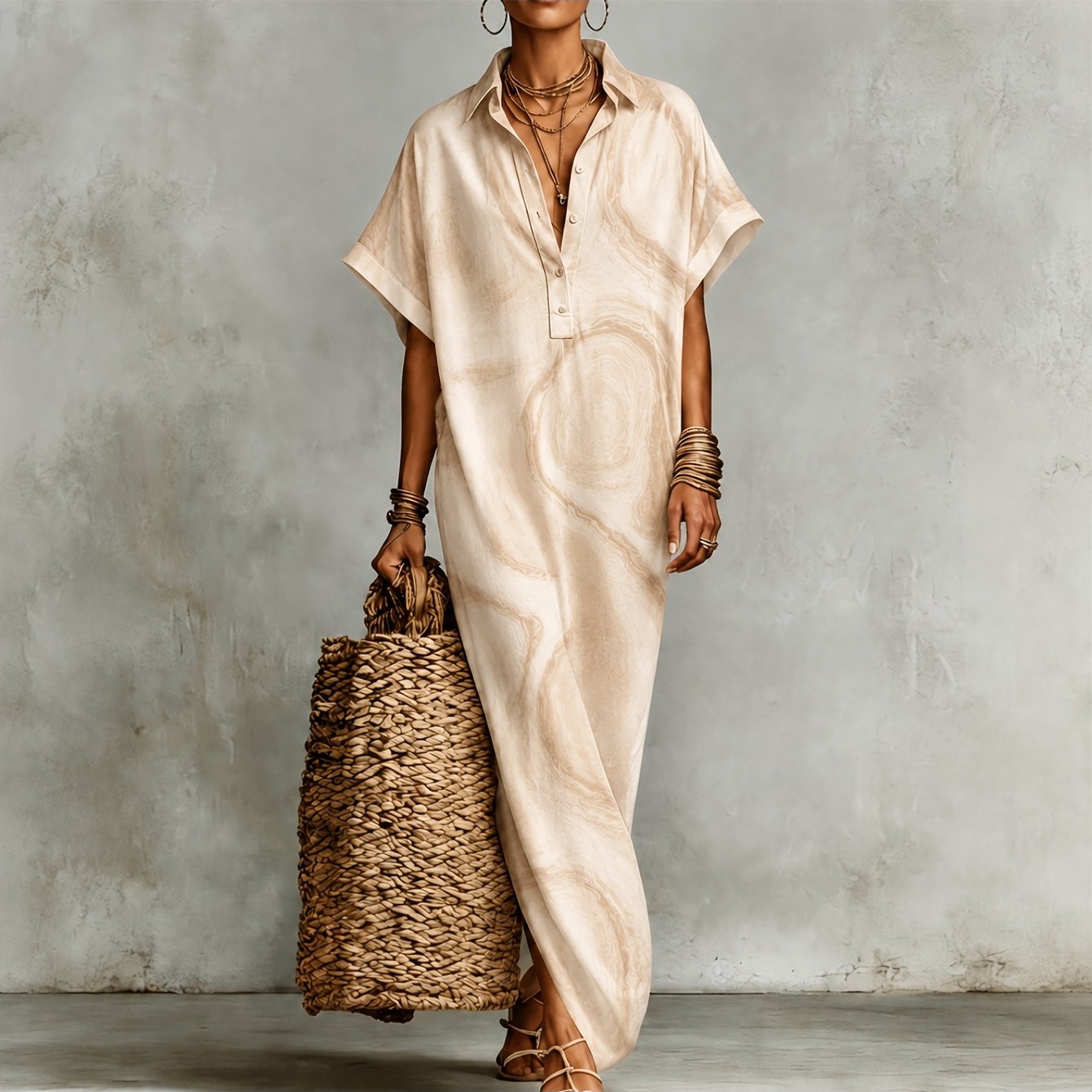 Image of Women's Casual Abstract Print Maxi Dress, Short Sleeve V-neck Button-up Loose Fit Elegant Vacation Dress