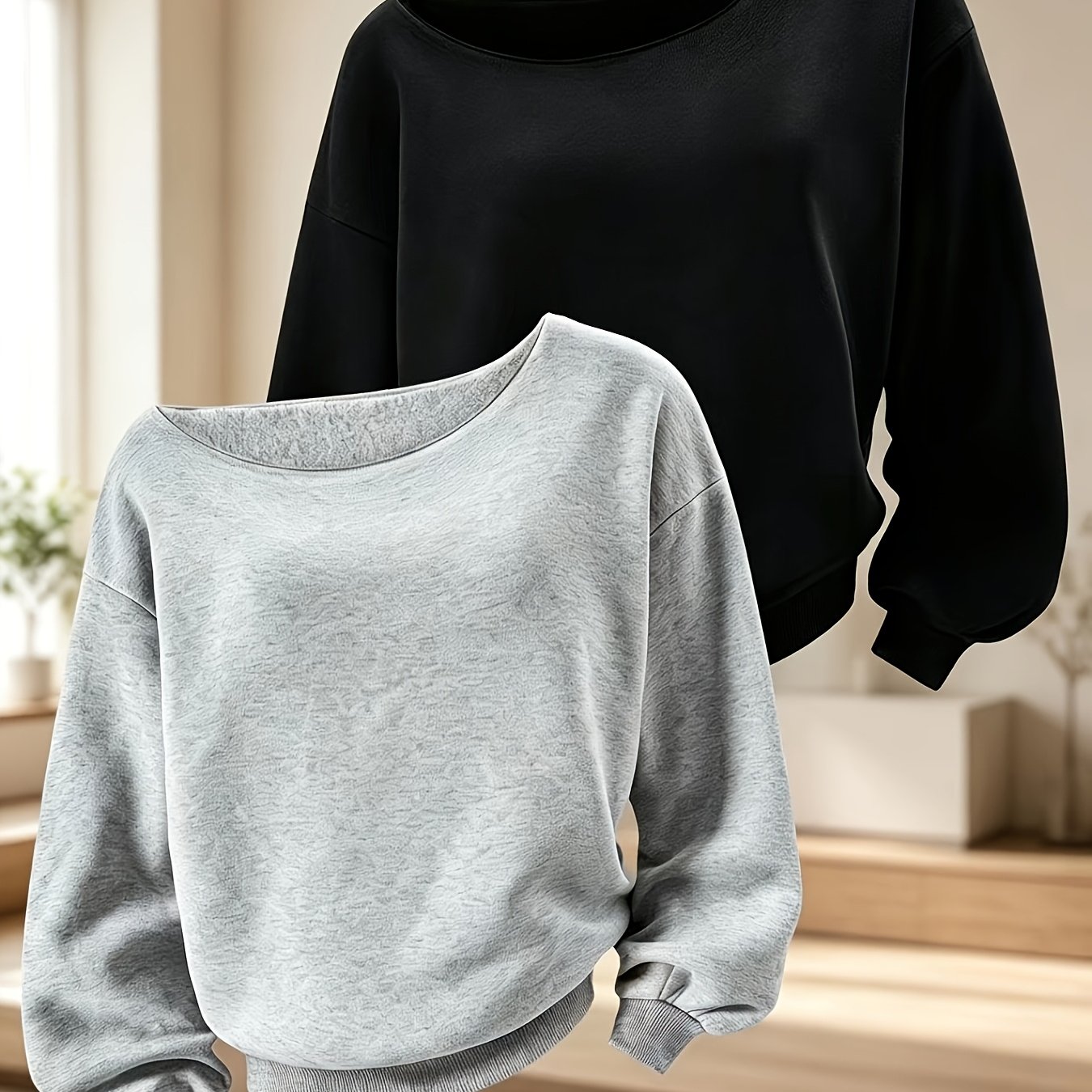 TEMU Women's Autumn Winter 2pcs Set Casual Comfortable Versatile Off-shoulder Style Solid Color Athletic Top
