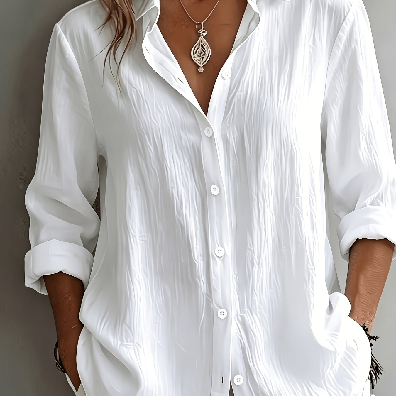 Image of Elegant V-neck, Loose Relaxed Linen Texture Shirt, Style, Casual And Artistic, And Enhances Silhouette For Daily Use, Loose And Flowing, Breathable Shirt, Comfortable And Relaxed Style