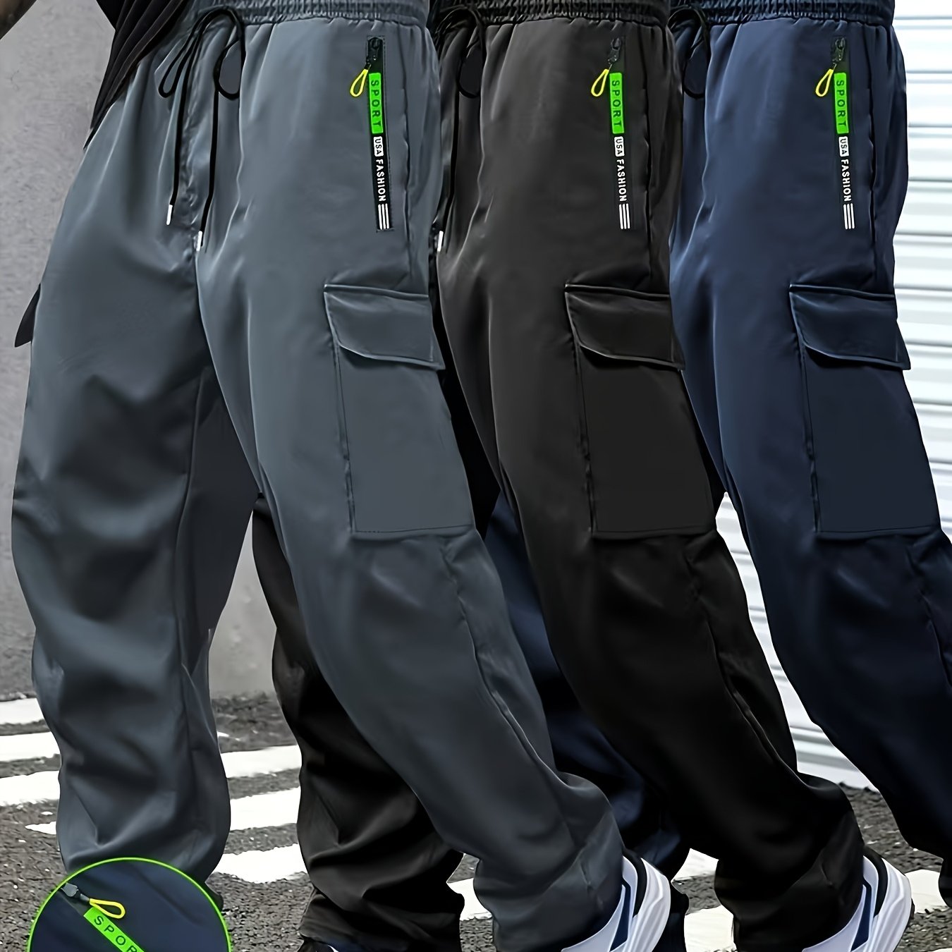 TEMU 3pcs, Men's Large-sized Work Pants - Lightweight Zipped Pockets And Drawstring Waistband, Breathable Straight-leg Pants Suitable For