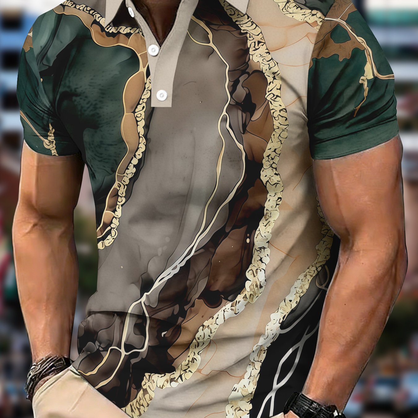 TEMU Men's Shirt, Men's Summer Casual Short Sleeve Contrast Button Collar , Men's Golden Texture Print Collar Top