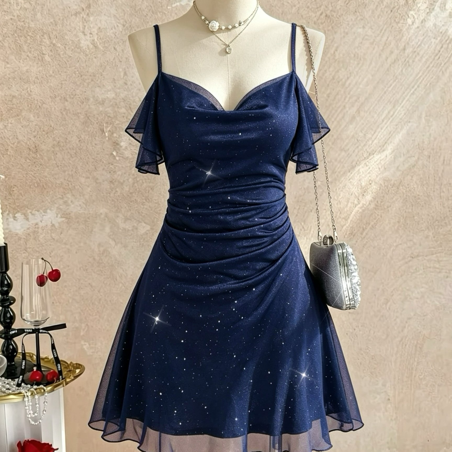 TEMU Autumn/winter Women's Camisole Mini Dress, Navy Blue Shimmering Yarn Fabric With Swing Neckline And Small Flutter Sleeves, Waist-defining For A