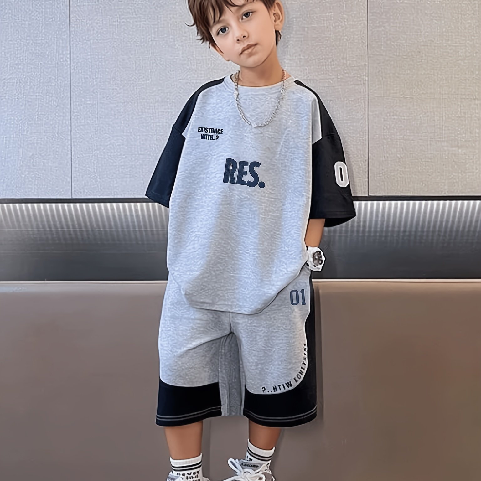 Image of Boys' 2pcs Set, Mid-big Kids Spring Autumn Summer Casual Athletic Comfortable Fashion Outdoor Black Gray Contrast Round Neck T-shirt And Casual Shorts, For Outdoor