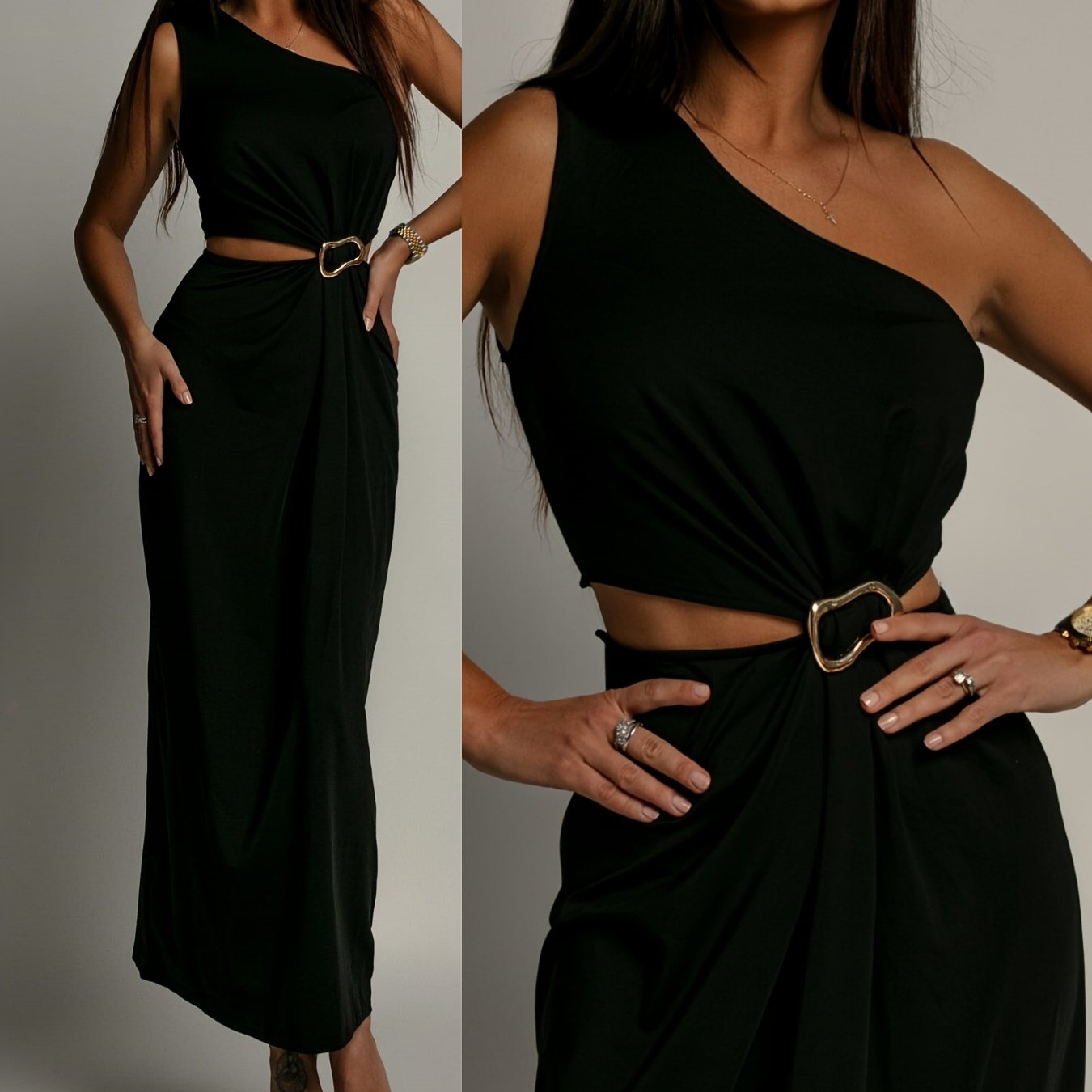 New Women' Color Fashionable And Elegant Midi Dress, With Buckles And -shoulder Hollowed-out Pleated Design. A Slim-fitting Dress, Perfect For Parties Or Elegant Gatherings