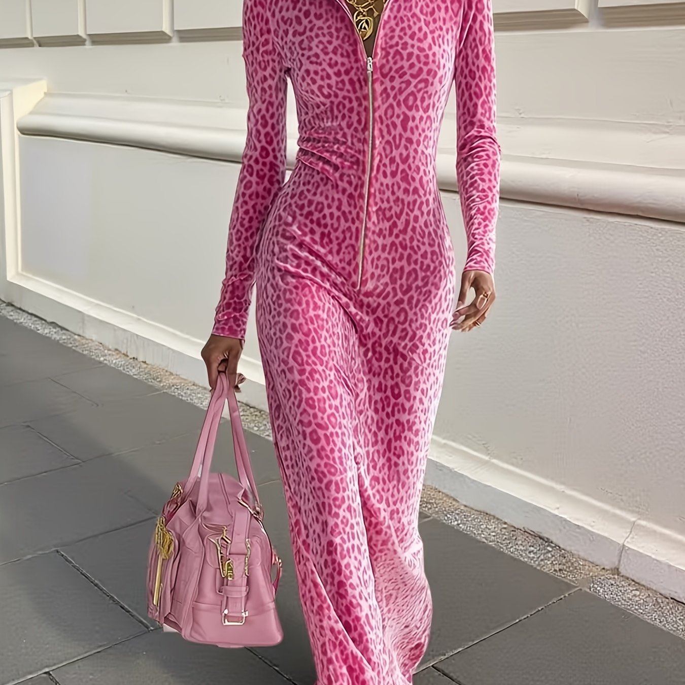 Printed Long Sleeve Hooded Slim Fit Bodycon Maxi Dress