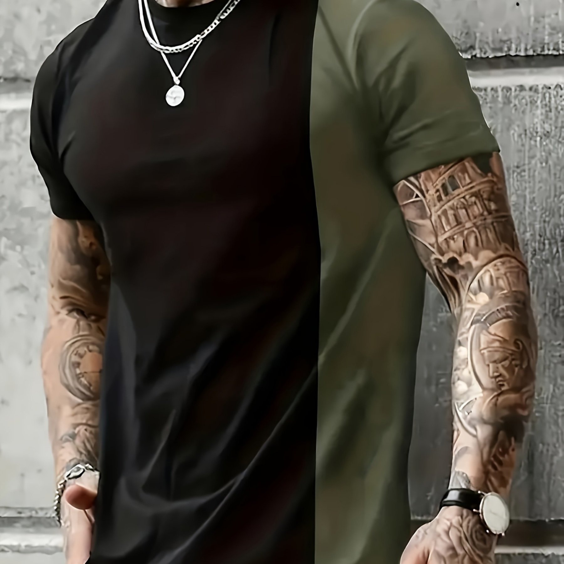 TEMU Men's Color Block Casual T-shirt - Short Sleeve, Summer Style, Black & Green Design, Lightweight Polyester Fabric, Comfortable Round Neck Tee For Casual Attire