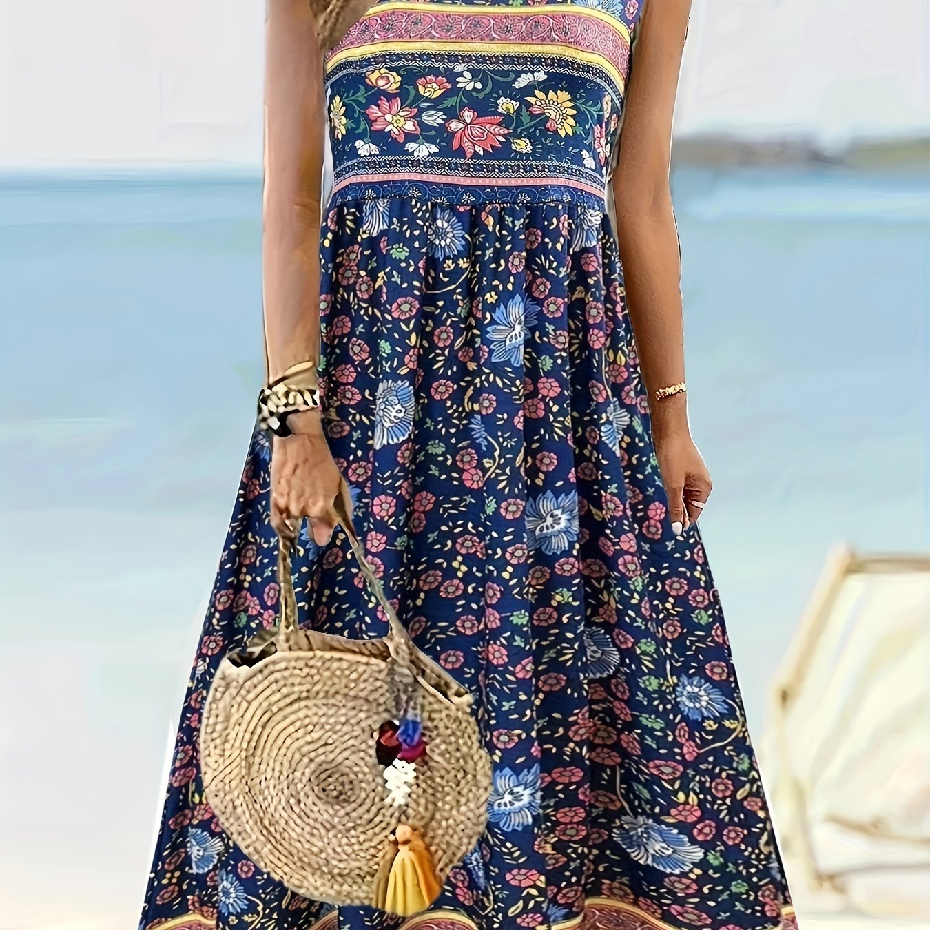Image of Plus Size - Plus Size - Western Cross-border Women's Fashion Elegant Printed Sleeveless Round Neck Dress