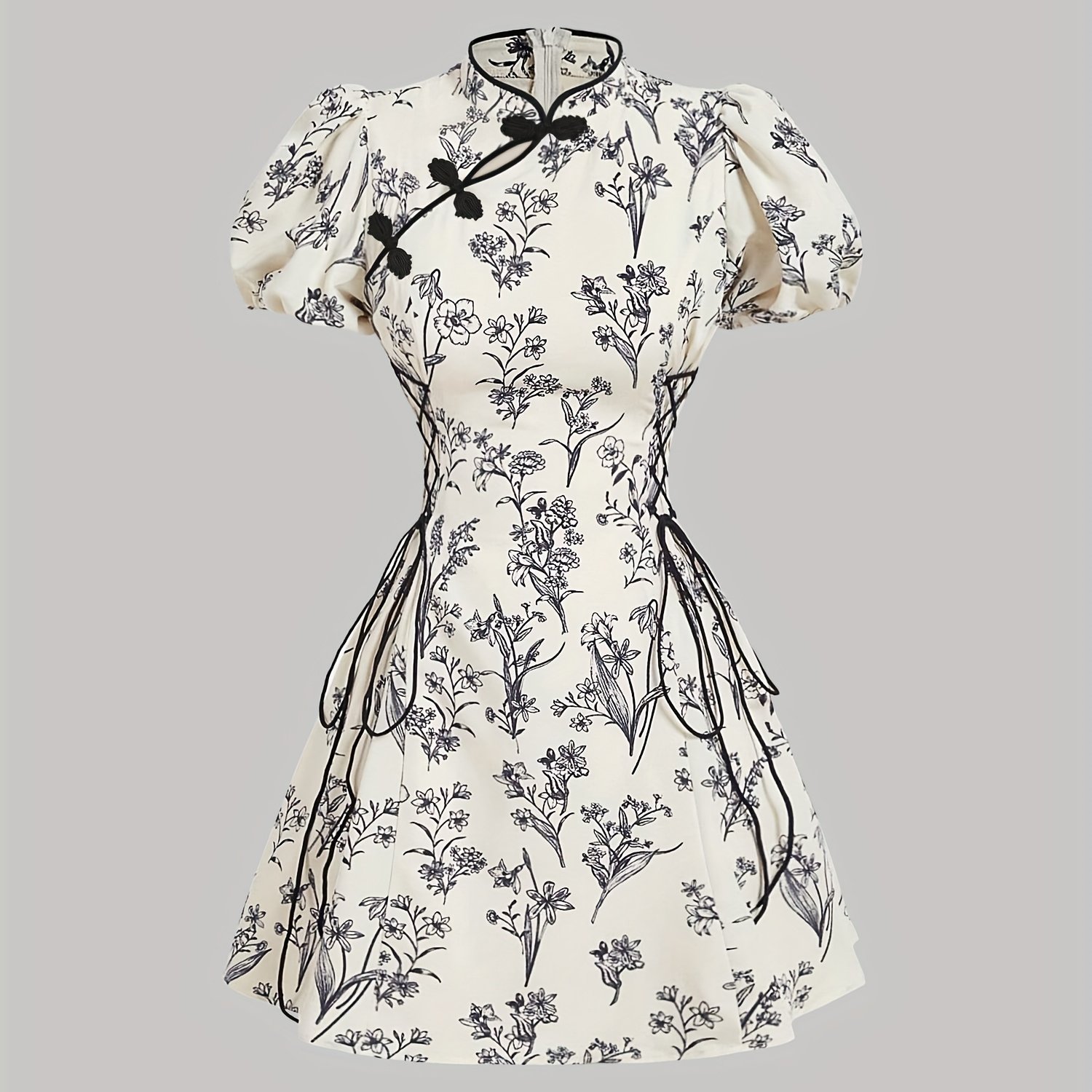 E-shop Taillenformendes Bandage Prinzessinnen-Naht Kleid Damen Blumenmuster Druck Kleid Plissee Chinesischer Stil Froschknopf Stehkragen Bubble Ärmel