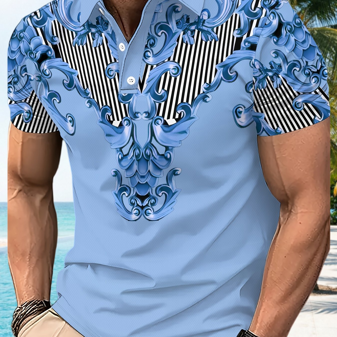 TEMU [print Design - Not Textured] Men's Shirt, Ethnic Casual Shirt, Men's Short Sleeve Collar Short Sleeve Casual Top, Optional