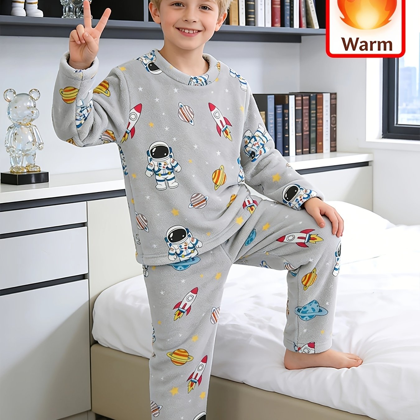 Image of 2pcs Plush Pajamas Kids Set Long Sleeves Trouser Flame Resistant Warm Fluffy Girls Boys 3 To 4 Years Toddlers Winter Autumn Sleepwear Printed Pjs