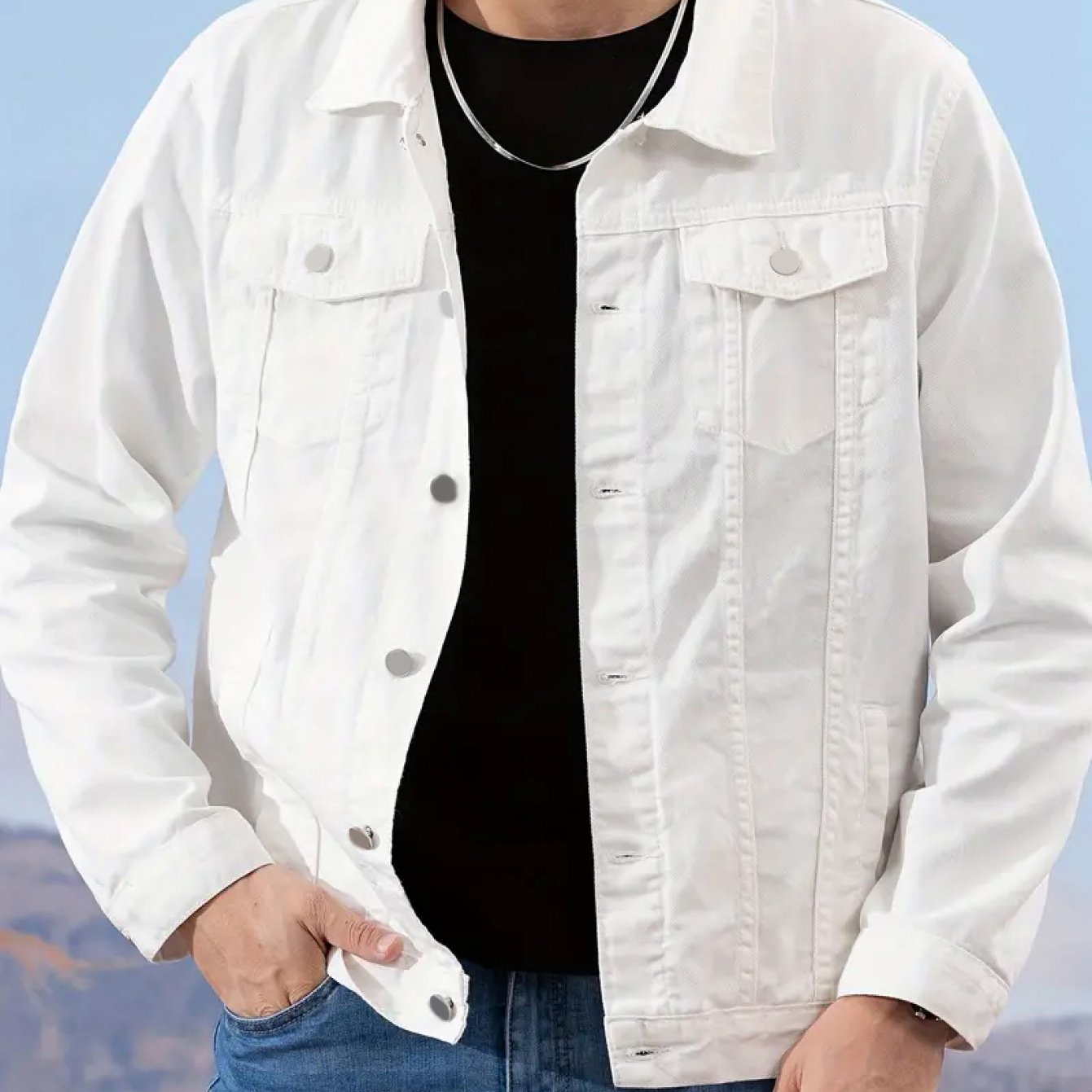 Image of [hme]men's Casual Denim Jacket Classic Style, 3d Tailored With 4-, Lapel Collar, Button-front Closure. 100% Cotton Non-stretch Fabric, Machine-washable, Suitable For Wear, A Sharp All-match Staple