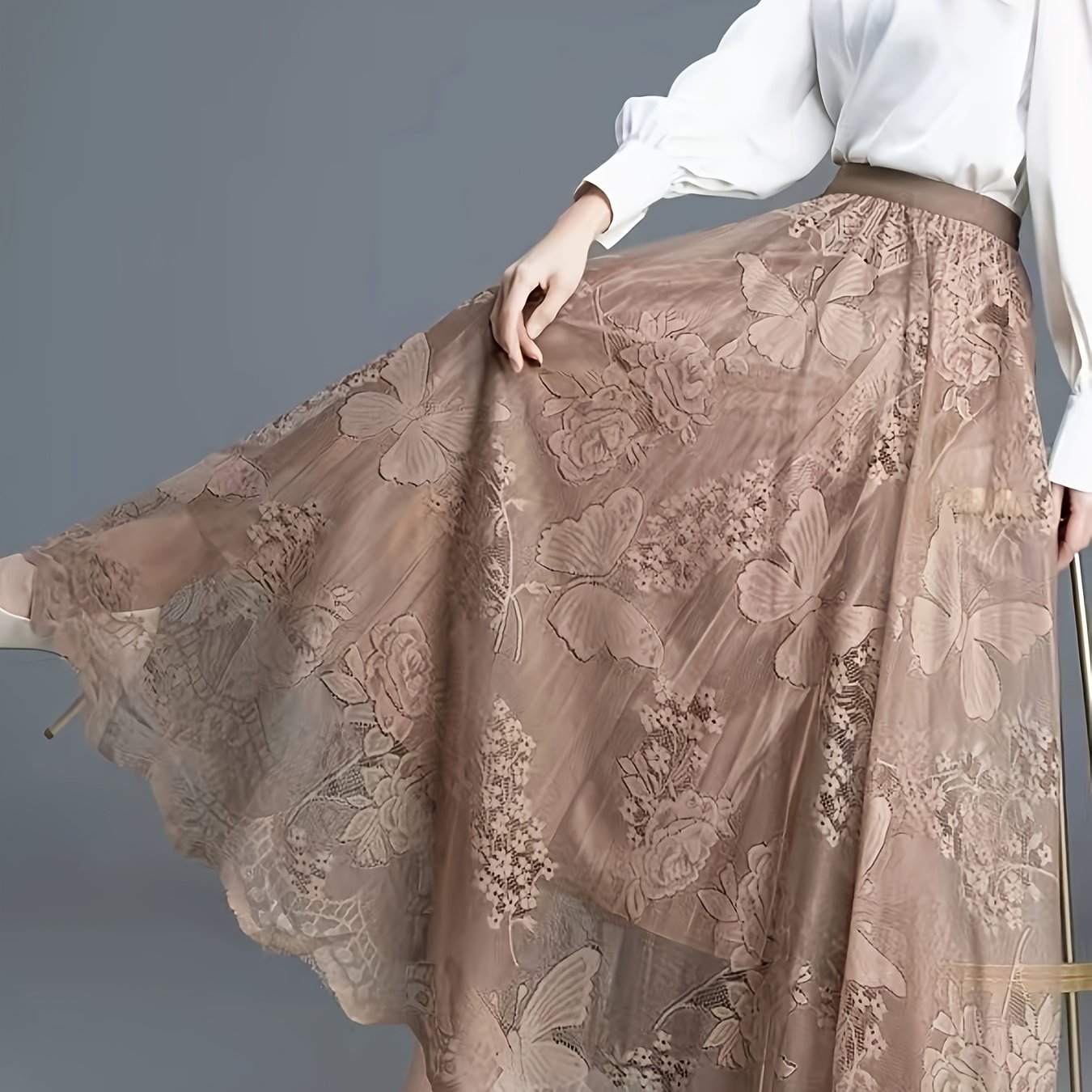 TEMU Women's Elegant Embroidered Skirt - Semi-sheer Long Flowy Solid Color With Intricate Embroidery Detail, Umbrella Hem, Regular Fit For