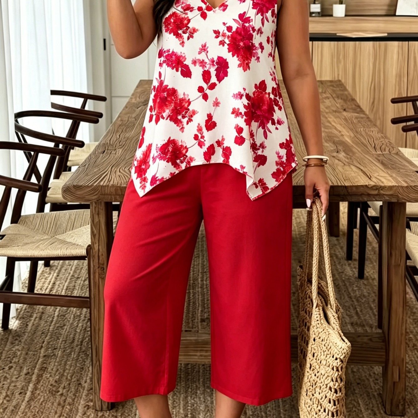 Image of Plus Size, Plus-size Suit, V-neck Elegant And Fashionable - 2pcs Design Of Rose Floral Print T-shirt And Pocket Capri Pants For Women.