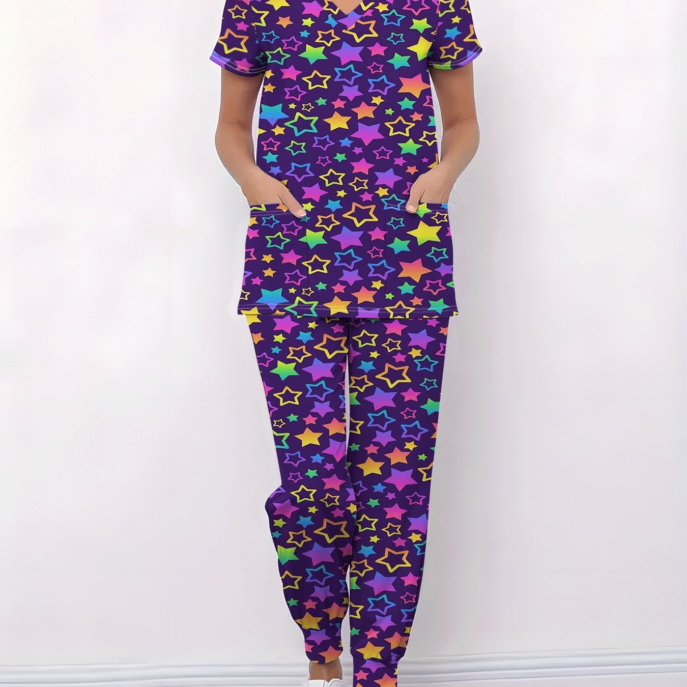 TEMU Printed V-neck Matte Two-piece Set With Pockets, Elegant Short Sleeve Pocketed Nurse Uniform