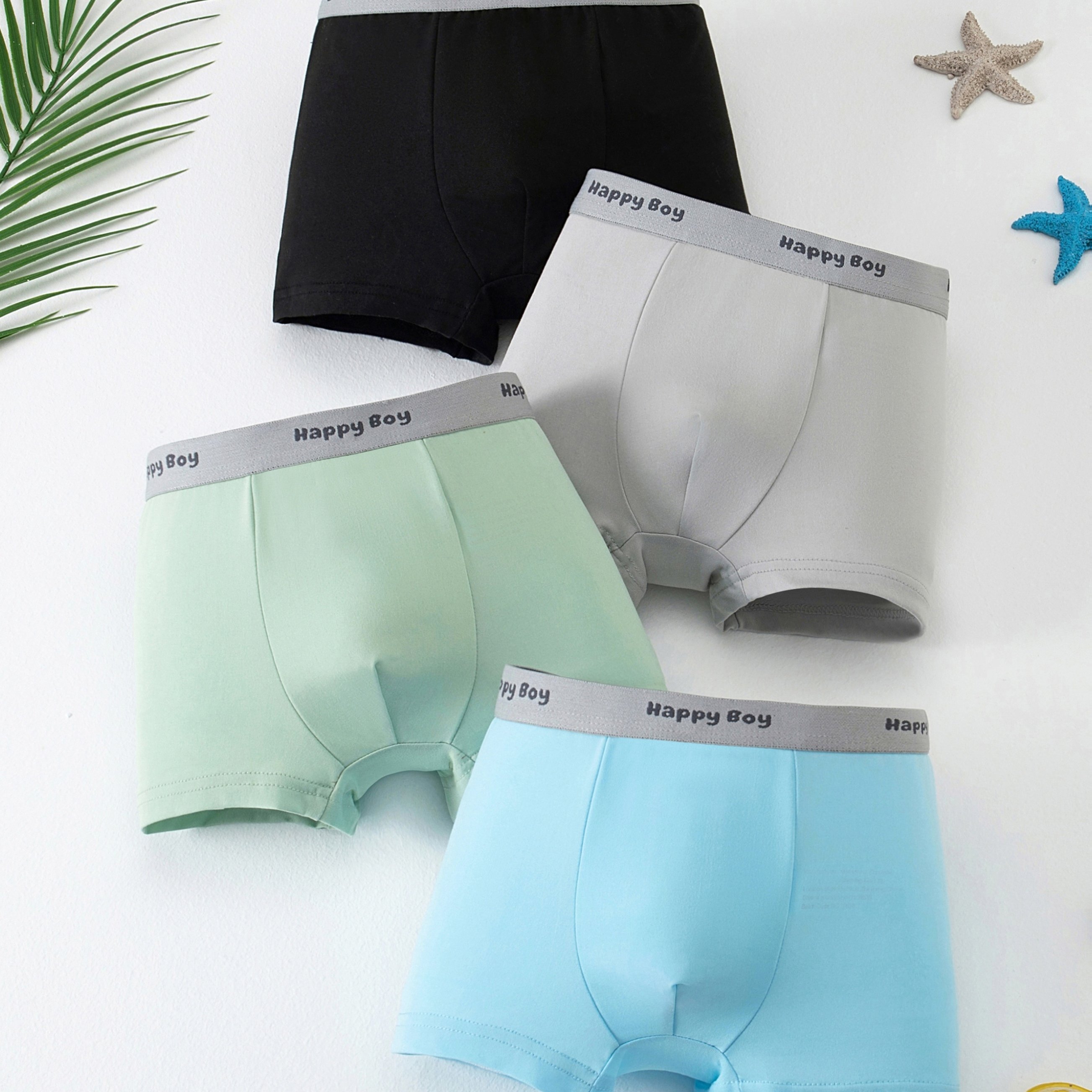 TEMU 4pcs Set Of Boys' Solid Color Underwear, Summer Mid-to-large Size For , Elastic Waist Square Underpants, Soft And Comfortable, Boys' Boxer