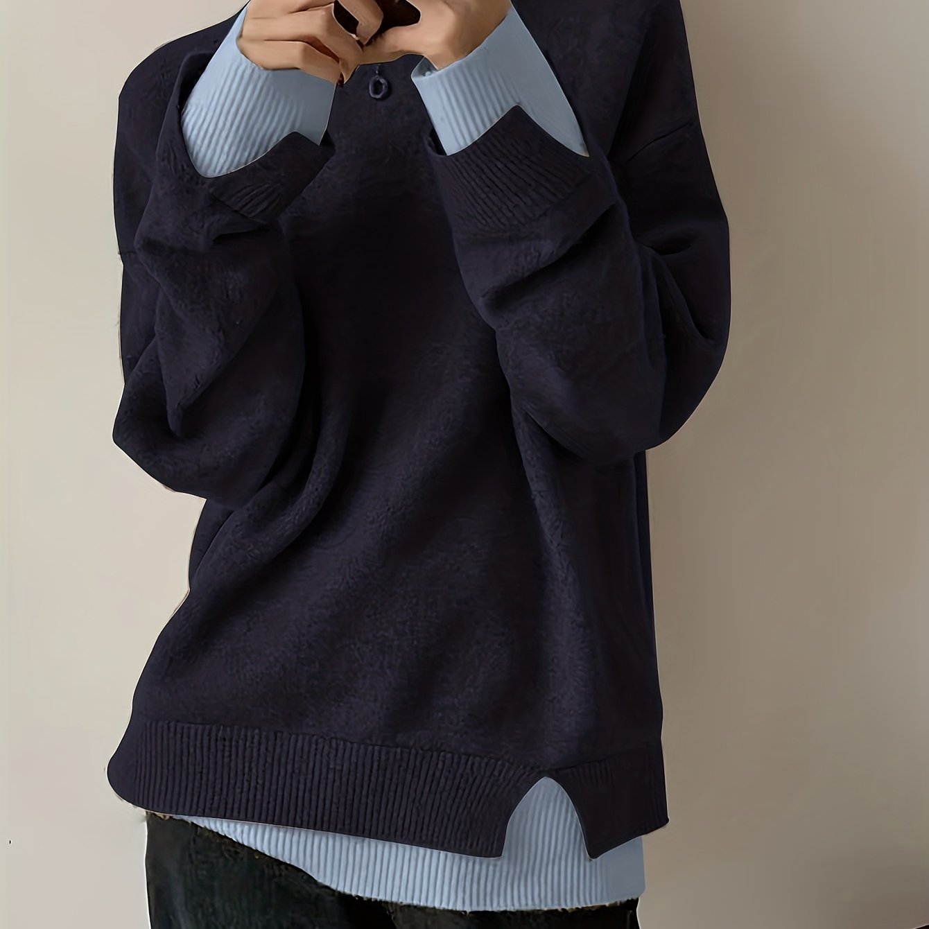 E-shop 2-in-1-Look Pullover mit Rundhalsausschnitt, Locker geschnittener Freizeit-Color-Block-2-in-1-Look-Pullover, Modisches Damen-Top