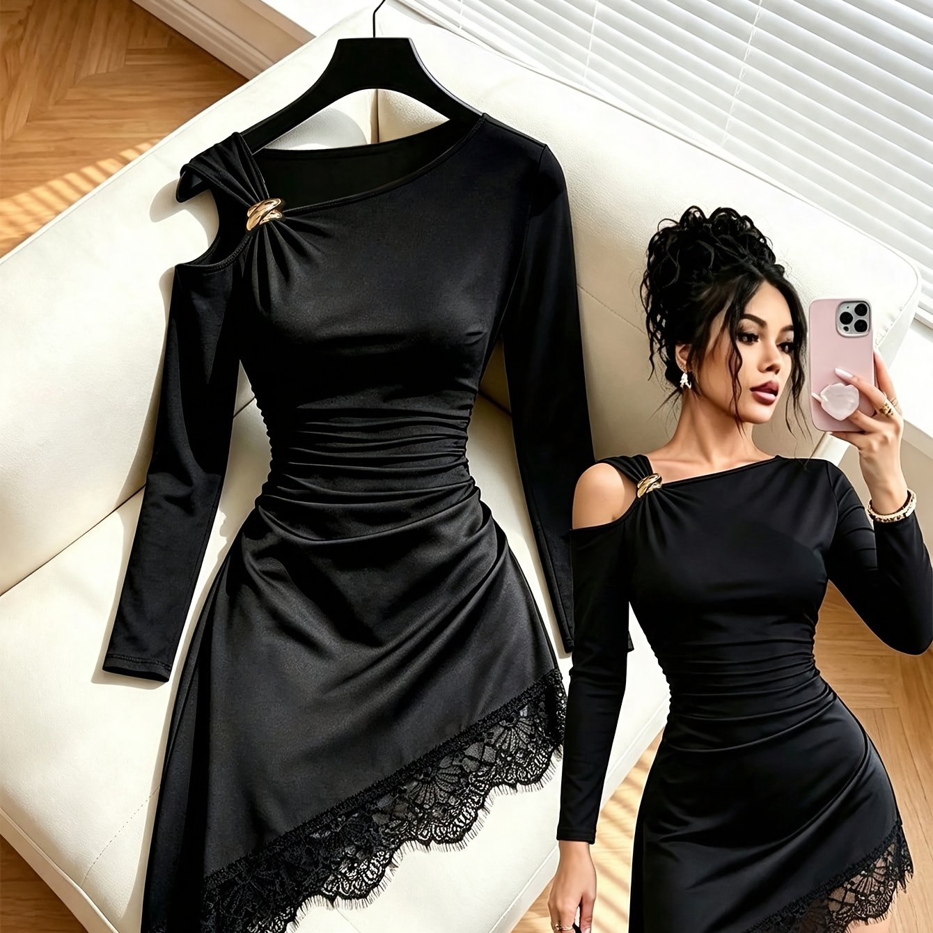 TEMU Women's Autumn Fashionable Elegant Solid Color Asymmetrical Neckline Hem Lace Long Sleeve Dress
