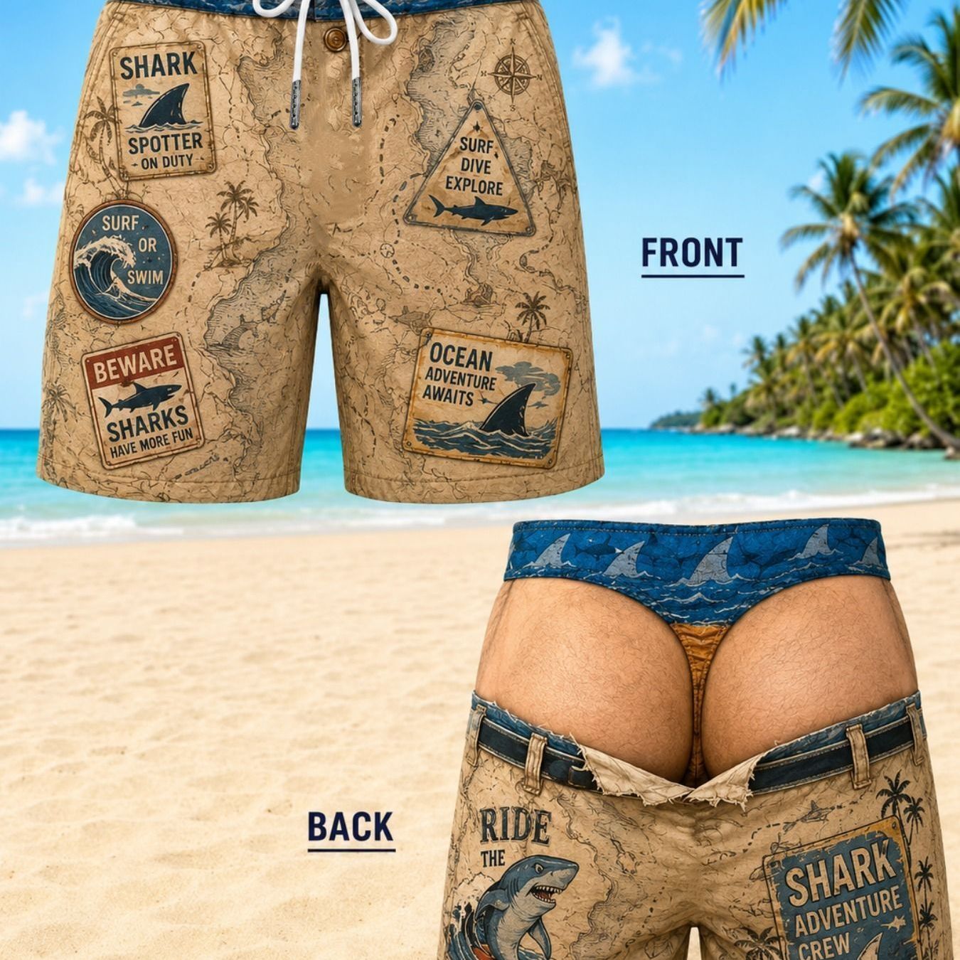 TEMU [printed Design - Not Textured] Men's Swim Trunks With Fun Shark Optical Illusion, Fake Underwear Style Swim Shorts, Vintage Ocean Map Surfing