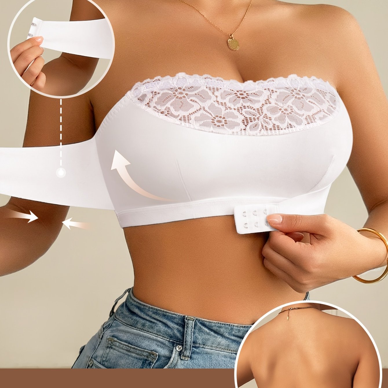 Women's Lace Bandeau Top, Front Closure Halter Style, Non-slip And Adjustable Back Closure, Wireless Bra, Summer Cami Top, Evening Dress And Beach Vacation Essential, Strapless Bra