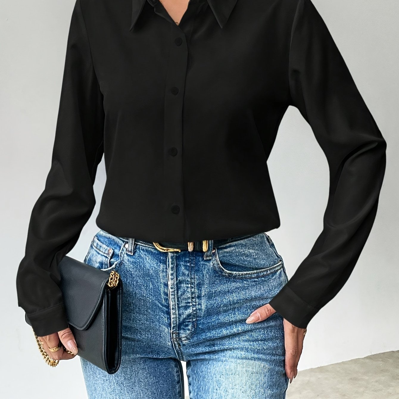 TEMU Solid Color Button Front Shirt, Long Sleeve Shirt For Office & Work, Women's Clothing