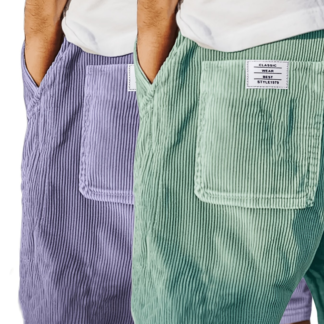 Image of 2pcs 2026 New Casual Corduroy Striped Pants For Men With On Back Pocket And Drawstring Shorts, Men's Cargo Shorts Casual Drawstring Elastic Waist Corduroy Summer Beach Shorts With Pockets