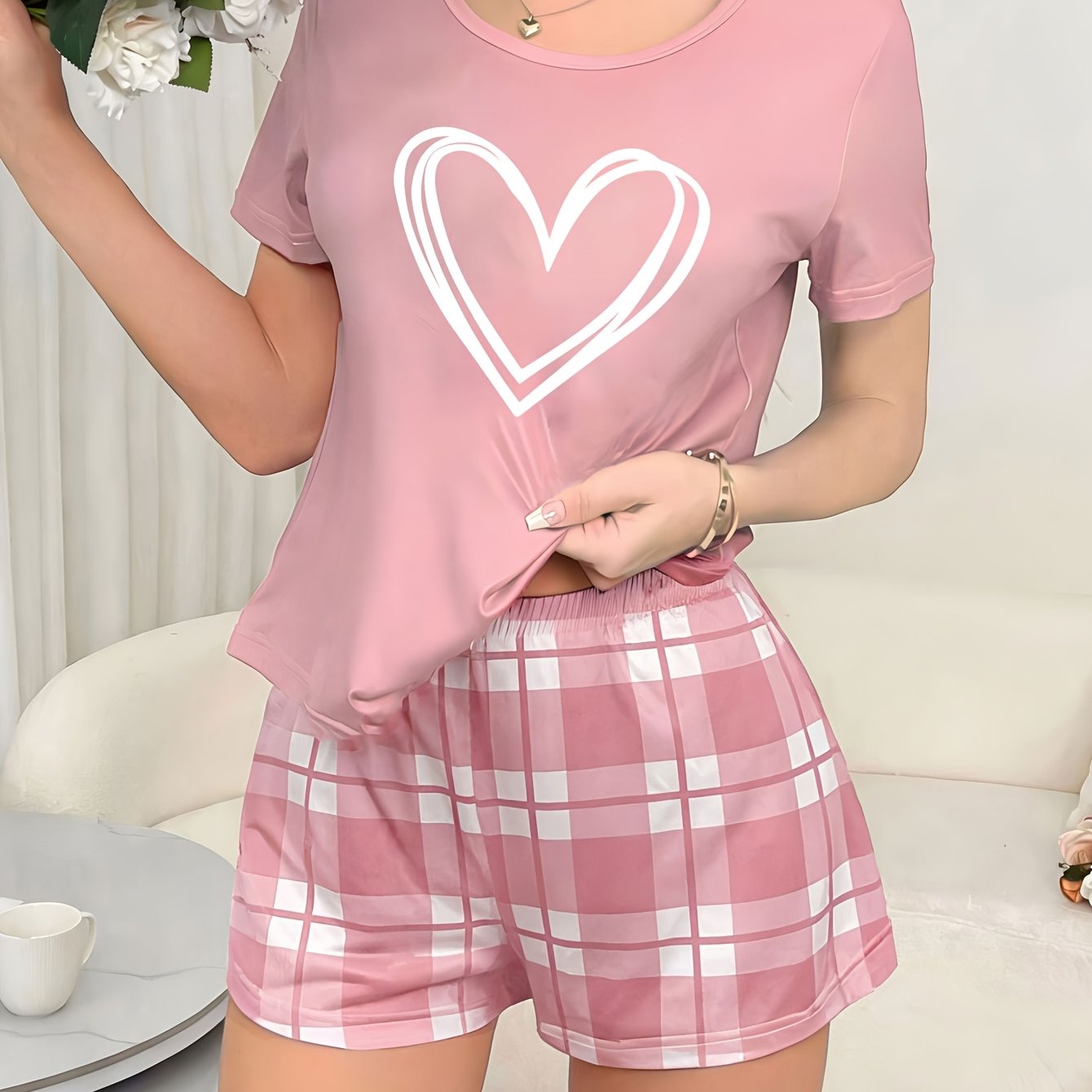 TEMU Women's Casual Heart-pattern Pants Short Sleeve Shorts Pajama Set