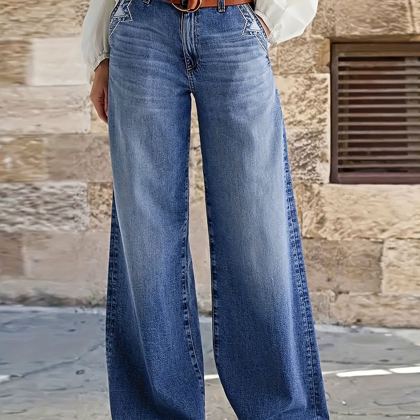 TEMU Women' Blue Non-stretch Loose Fit Wide-leg Denim Jeans - Casual , Machine Washable, Versatile Style