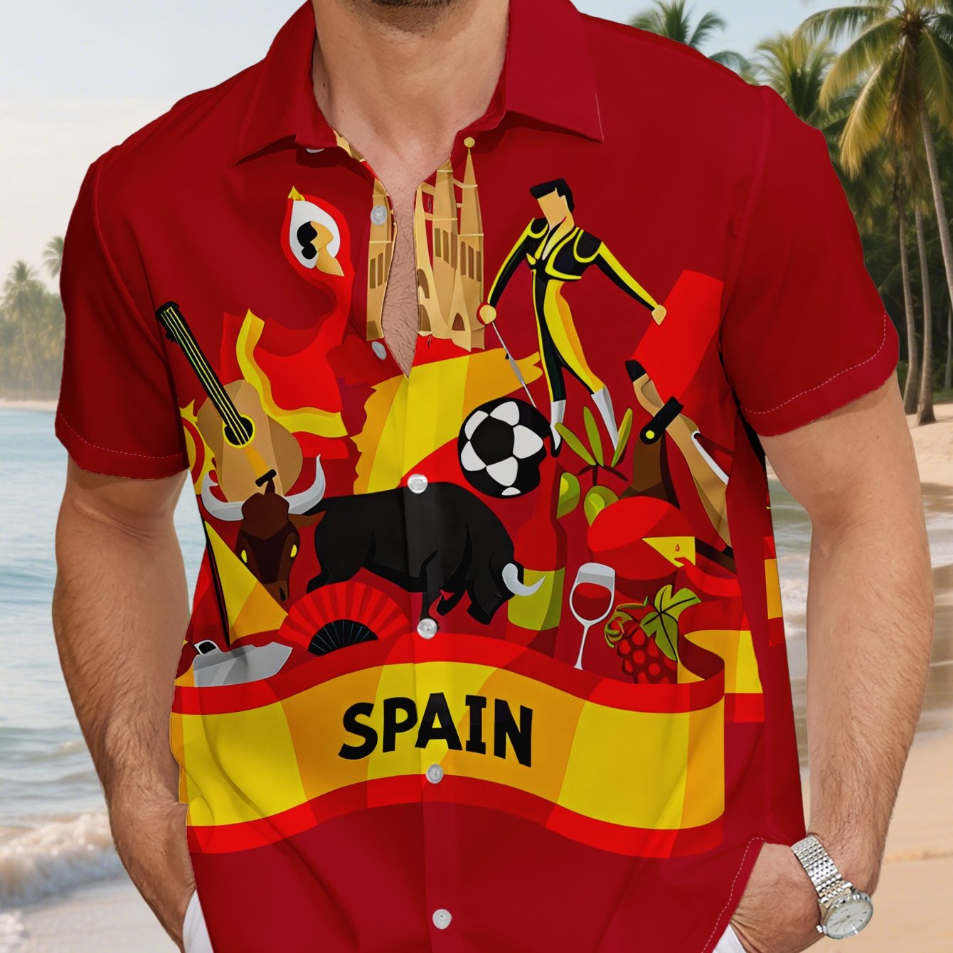 TEMU This Men's Casual Short-sleeve Beach Shirt Features The Spanish Flag As Its Backdrop, Incorporating Elements Like Football And Bullfighting,