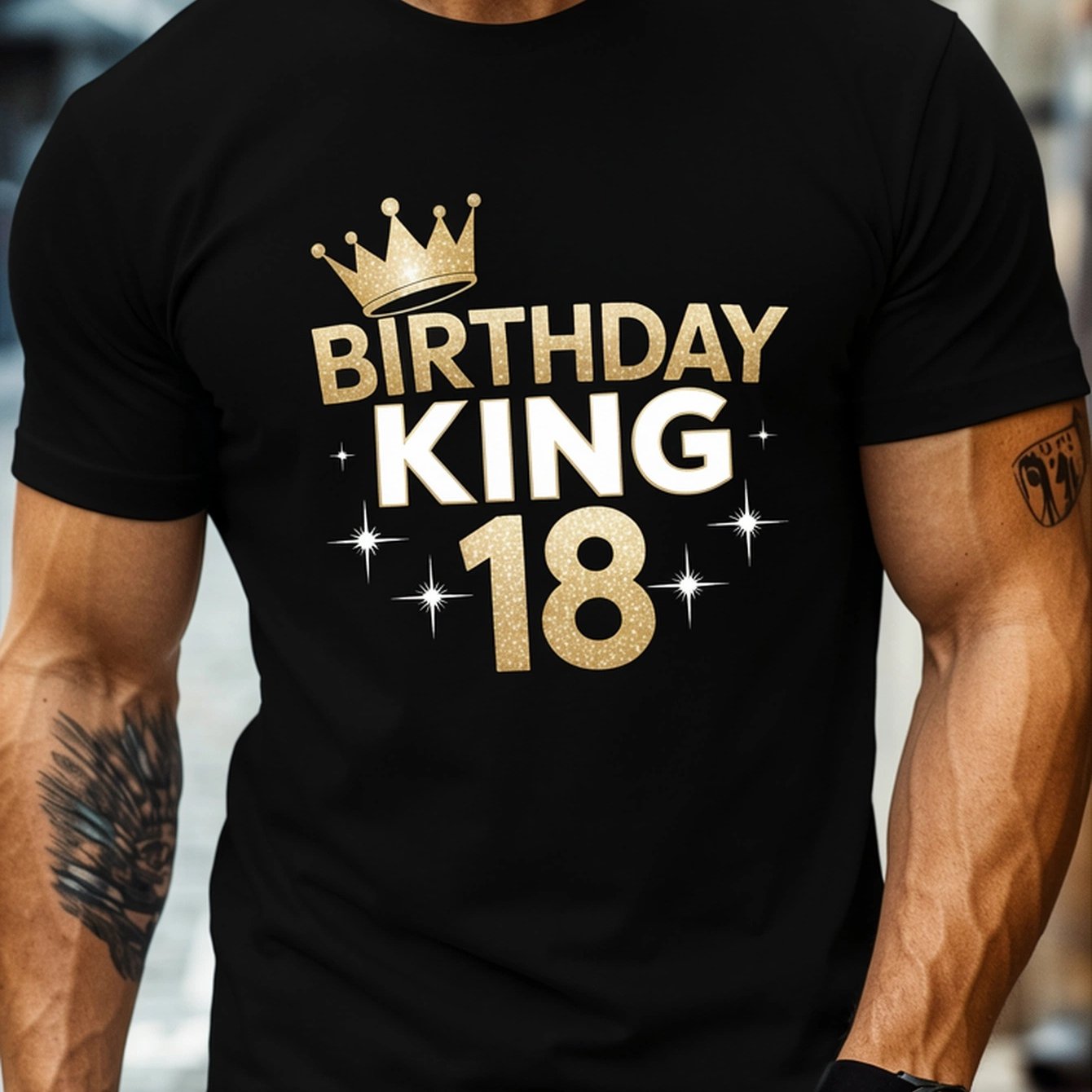 Image of Men's 18th Birthday King Glitter T-shirt - Golden And 18 Print With Crown And , Lightweight Crew Neck Short Sleeve Casual Summer Top For 18 Year Old Boys, Birthday Party Outfit (