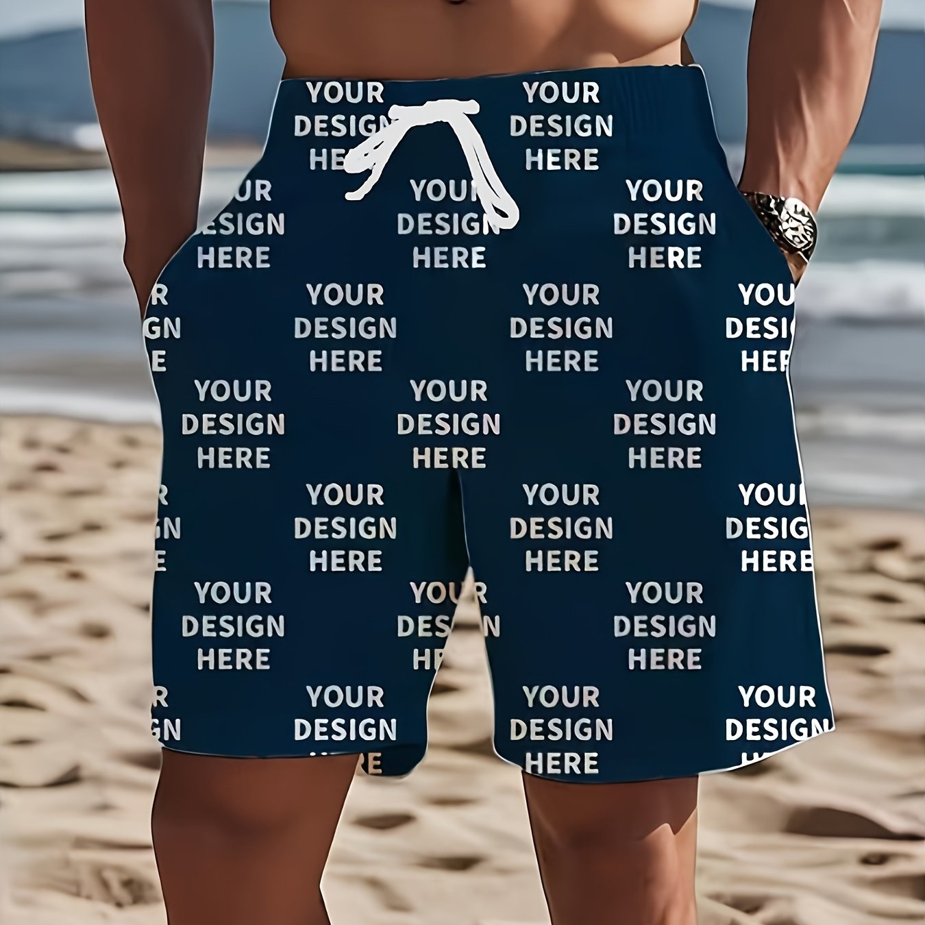 TEMU Customized Men's Beach Shorts, Printed With Photos/text/logo, Multifunctional Casual Swim Shorts, Soft And Breathable, Suitable For Outdoor