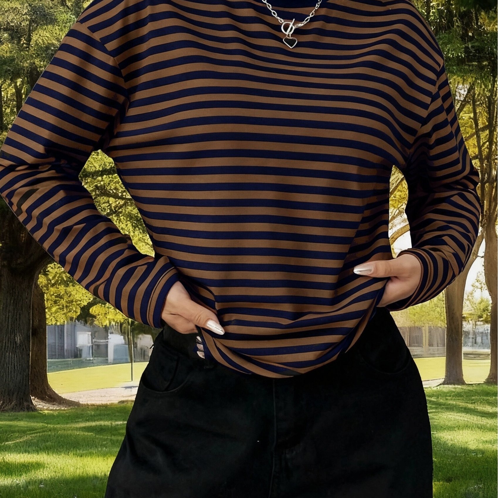 TEMU Plus Size - Casual Drop-shoulder Round Neck Striped Long Sleeve T-shirt