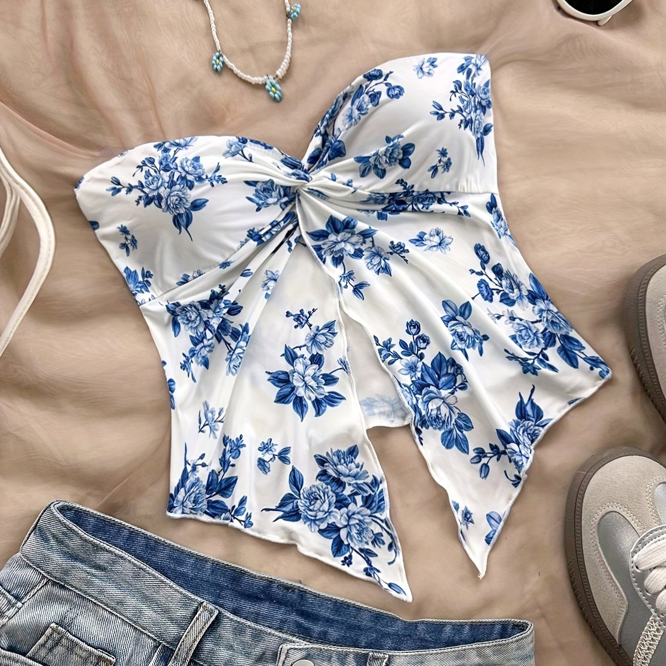 TEMU Women's Spring/summer New Arrival Beach Vacation Daily Artistic Print Strapless Sweetheart Knot Front & High Slit Lightweight Tube Top