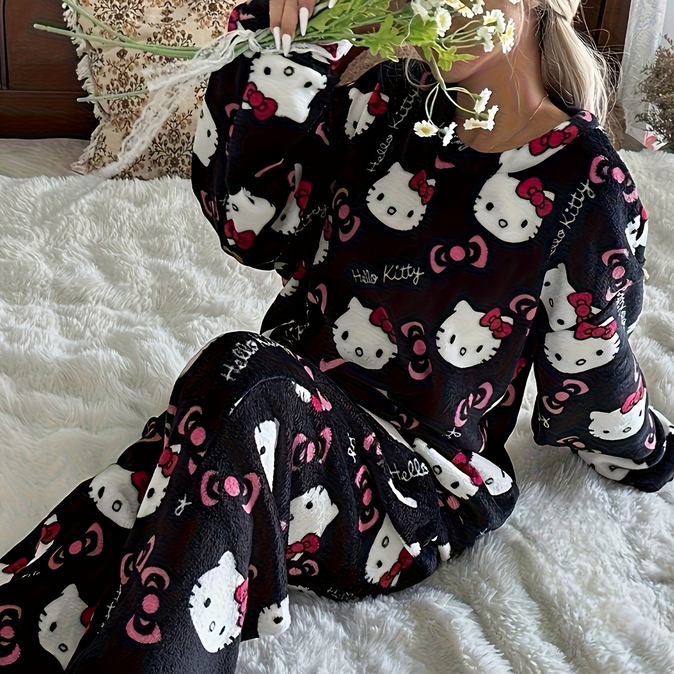 Hello Flannel Pajama Set For Women - Long Sleeve Top And Pants, Cute Cartoon Home/outdoor Sleepwear, Gift For Her/back-to- Gift