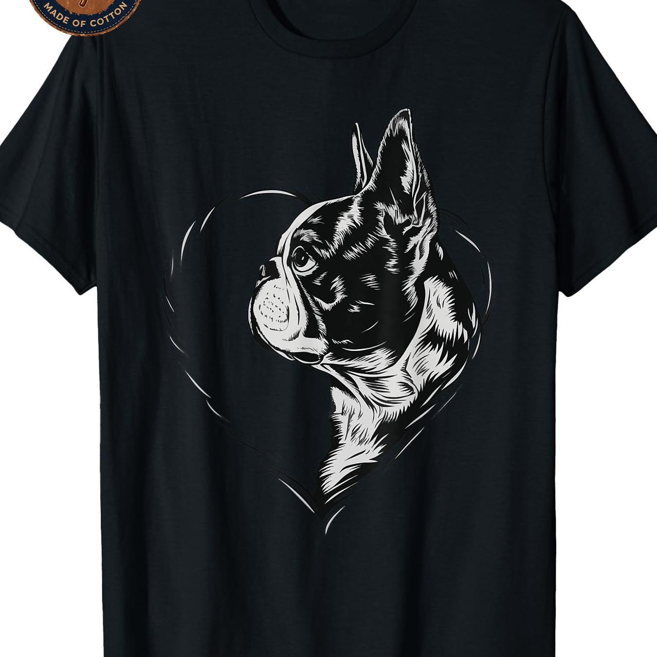Image of Men's T-shirt Unisex Cotton T Shirt Boston Terrier Heart Graphic Casual Streetwear Summer Breathable Dog Lover Tee Round Concert Neck Wearing Washable Daily Printed Sided Machine Single Gift