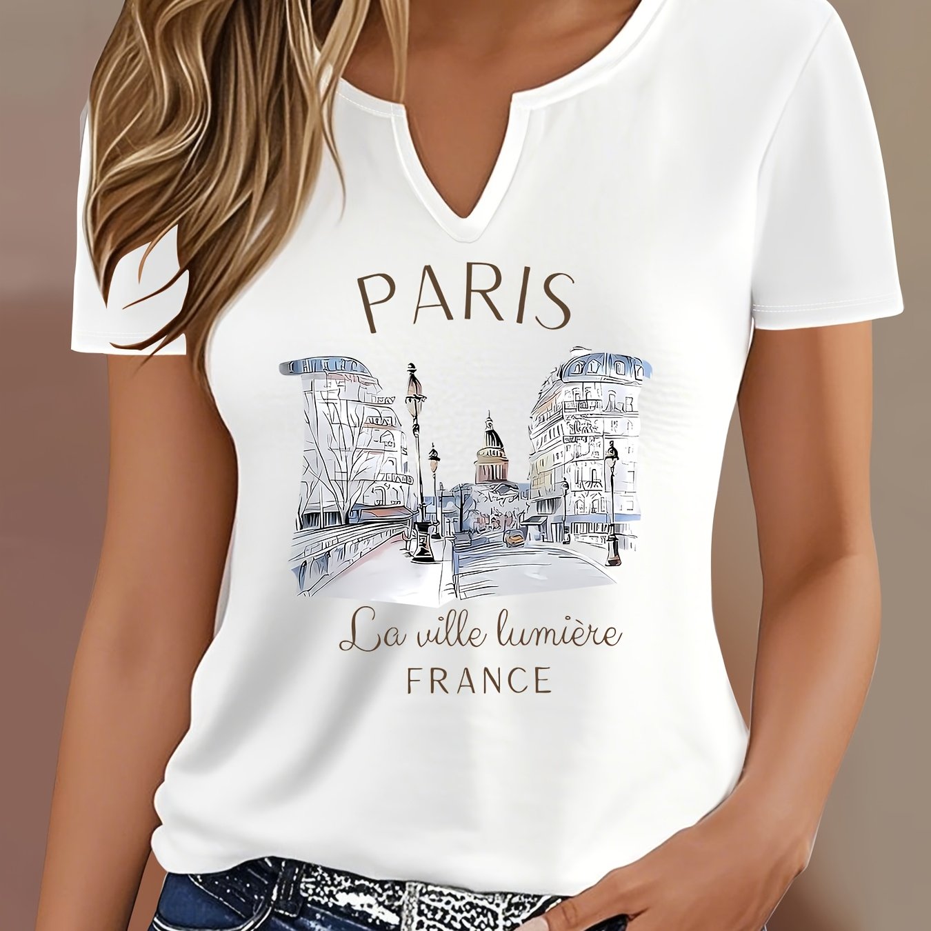 TEMU Fashionable New Women' V-neck Printed T-shirt Top